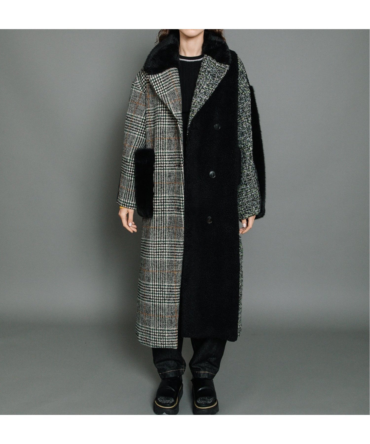 【アウラアイラ/AULA AILA】のASYMMETRY COMBINATION COAT インテリア・キッズ・メンズ・レディースファッション・服の通販 founy(ファニー) 　ファッション　Fashion　レディースファッション　WOMEN　アウター　Coat Outerwear　コート　Coats　ショルダー　Shoulder　チェック　Check　ツイード　Tweed　ドロップ　Drop　フロント　Front　ポケット　Pocket　ロング　Long　GREEN|ID: prp329100004209319 ipo3291000000029183809