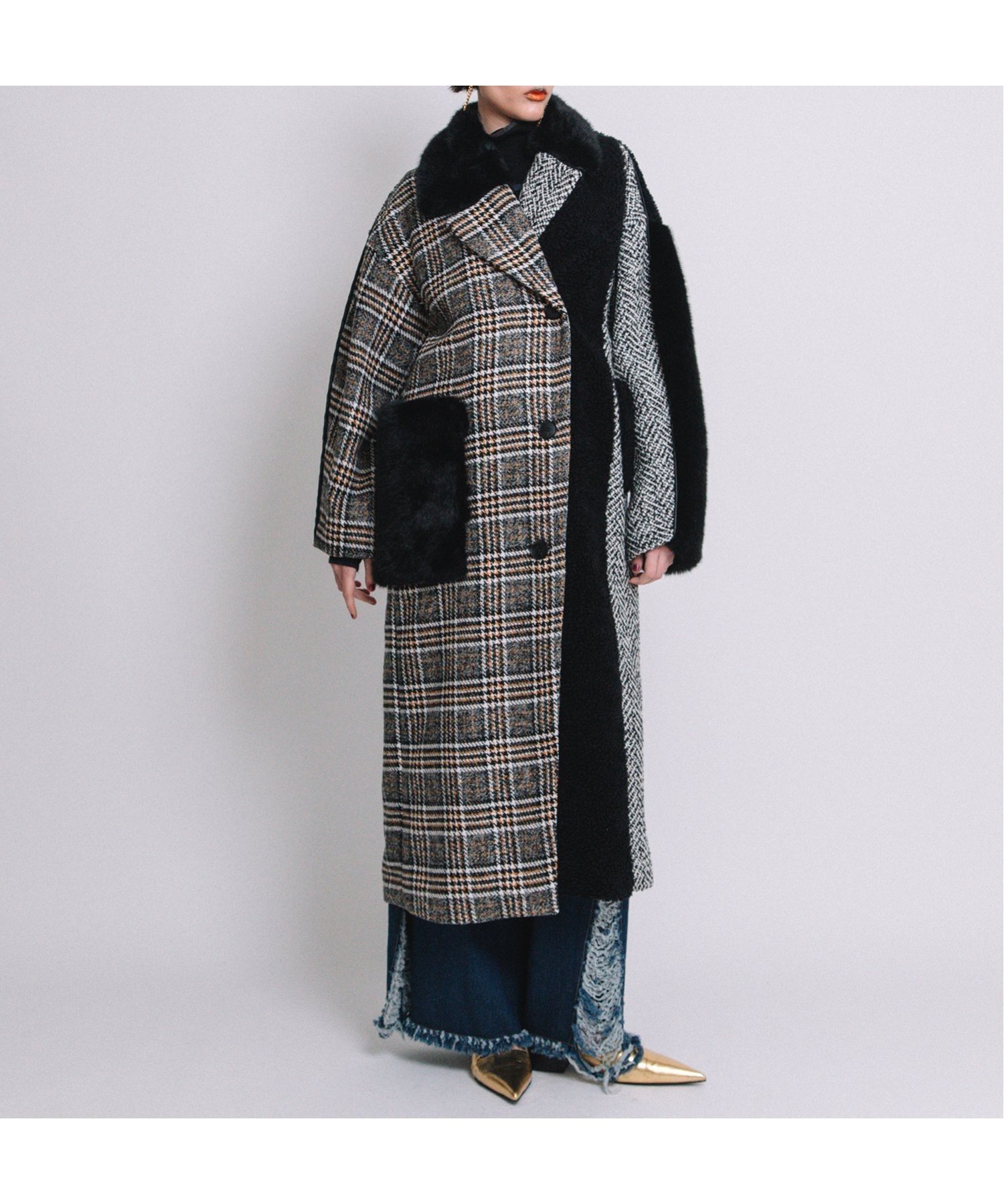 【アウラアイラ/AULA AILA】のASYMMETRY COMBINATION COAT インテリア・キッズ・メンズ・レディースファッション・服の通販 founy(ファニー) 　ファッション　Fashion　レディースファッション　WOMEN　アウター　Coat Outerwear　コート　Coats　ショルダー　Shoulder　チェック　Check　ツイード　Tweed　ドロップ　Drop　フロント　Front　ポケット　Pocket　ロング　Long　YELLOW|ID: prp329100004209319 ipo3291000000029183810