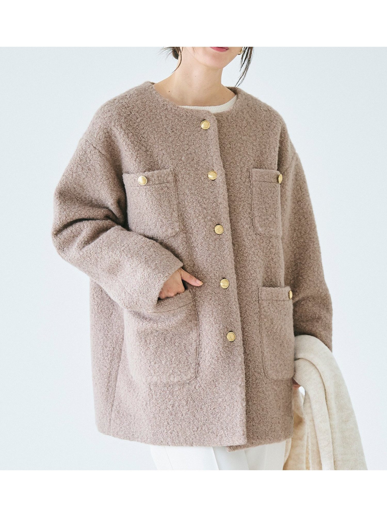 【コカ/COCA】のプードル金釦ノーカラーコート インテリア・キッズ・メンズ・レディースファッション・服の通販 founy(ファニー) 　ファッション　Fashion　レディースファッション　WOMEN　アウター　Coat Outerwear　コート　Coats　Dk.beige|ID: prp329100004219012 ipo3291000000029257452