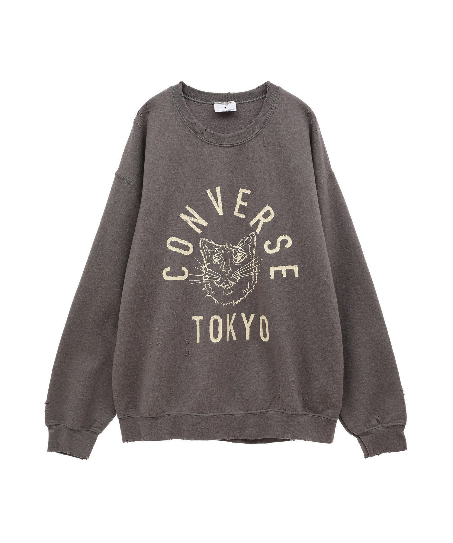 【コンバーストウキョウ/CONVERSE TOKYO】のDAMAGED CAT LOGO SWEAT インテリア・キッズ・メンズ・レディースファッション・服の通販 founy(ファニー) 　ファッション　Fashion　レディースファッション　WOMEN　トップス・カットソー　Tops/Tshirt　パーカ　Sweats　スウェット　Sweat　カーゴパンツ　Cargo Pants　ダメージ　Damage　デニム　Denim　トレンド　Trend　ネコ　Cat　猫　Cat　プリント　Print　ルーズ　Loose　ロング　Long　ワイド　Wide　冬　Winter　おすすめ　Recommend　チャコールグレー|ID: prp329100004238415 ipo3291000000029385137