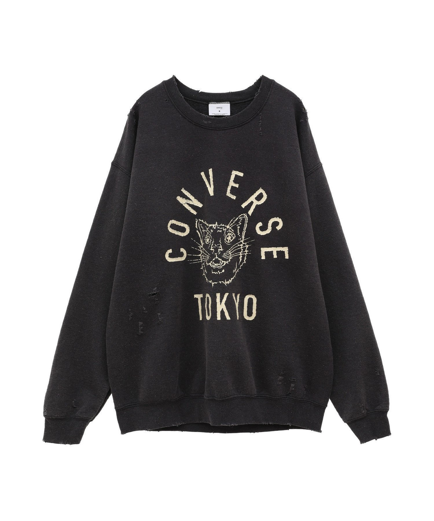 【コンバーストウキョウ/CONVERSE TOKYO】のDAMAGED CAT LOGO SWEAT インテリア・キッズ・メンズ・レディースファッション・服の通販 founy(ファニー) 　ファッション　Fashion　レディースファッション　WOMEN　トップス・カットソー　Tops/Tshirt　パーカ　Sweats　スウェット　Sweat　カーゴパンツ　Cargo Pants　ダメージ　Damage　デニム　Denim　トレンド　Trend　ネコ　Cat　猫　Cat　プリント　Print　ルーズ　Loose　ロング　Long　ワイド　Wide　冬　Winter　おすすめ　Recommend　ブラック|ID: prp329100004238415 ipo3291000000029385139