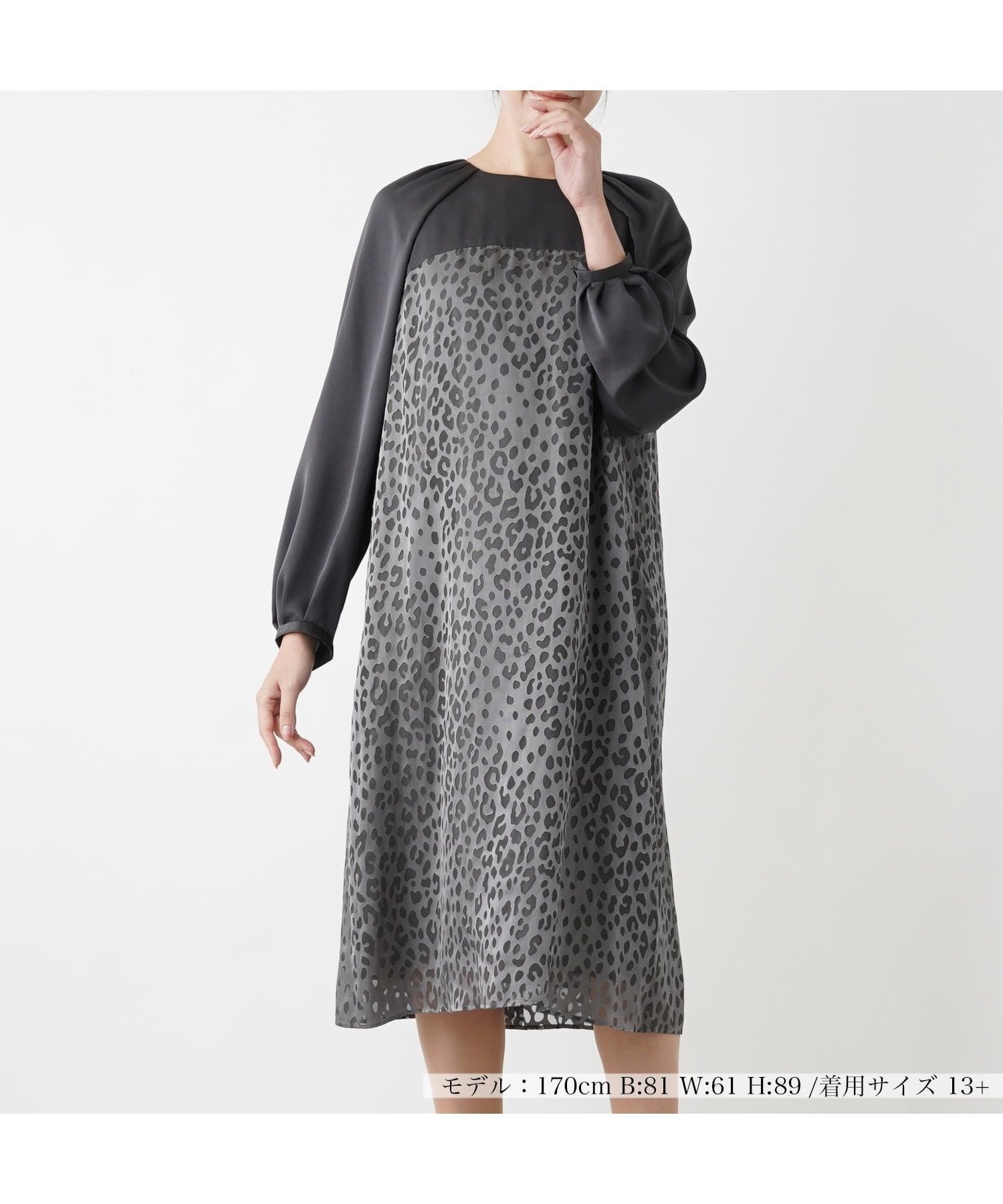 【レリアンプラスハウス/Leilian PLUS HOUSE】の切替サックワンピース【THE NEW】 人気、トレンドファッション・服の通販 founy(ファニー) 　ファッション　Fashion　レディースファッション　WOMEN　ワンピース　Dress　シアー　Sheer　スリーブ　Sleeve　バルーン　Balloon　フェミニン　Feminine　レオパード　Leopard　エレガント 上品　Elegant　冬　Winter　切替　Switching　無地　Plain Color　 other-1|ID: prp329100004245403 ipo3291000000030130812