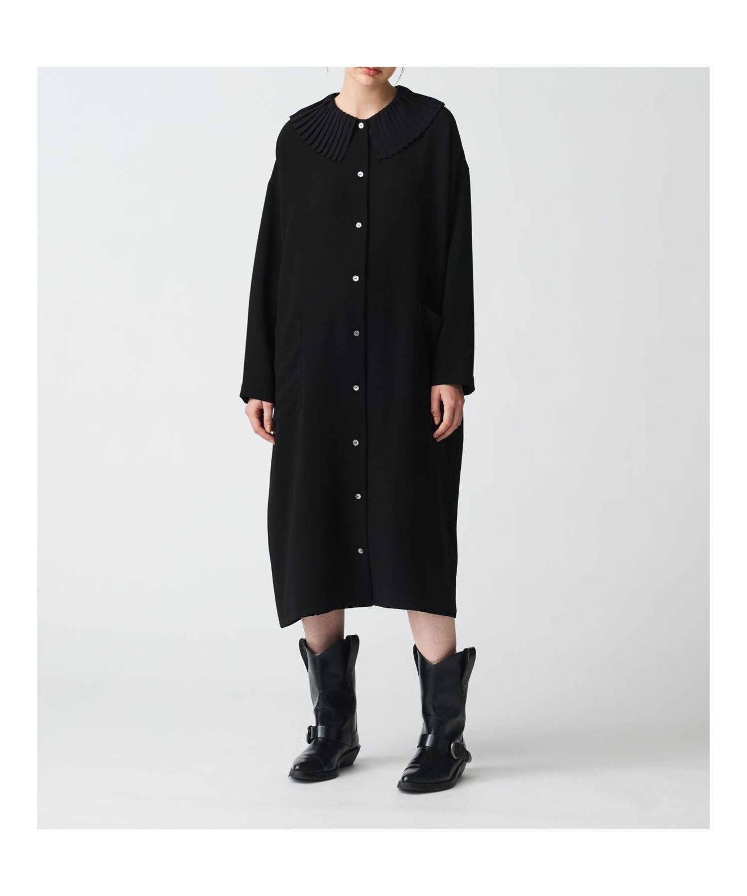 【マーコート/MARcourt】のmizuiro ind プリーツカラーワンピース 人気、トレンドファッション・服の通販 founy(ファニー) 　ファッション　Fashion　レディースファッション　WOMEN　ワンピース　Dress　シフォン　Chiffon　ジョーゼット　Georgette　ストレッチ　Stretch　フロント　Front　プリーツ　Pleats　ポケット　Pocket　エレガント 上品　Elegant　人気　Popularity　無地　Plain Color　羽織　Haori　長袖　Long Sleeve　 other-1|ID: prp329100004252487 ipo3291000000029517316