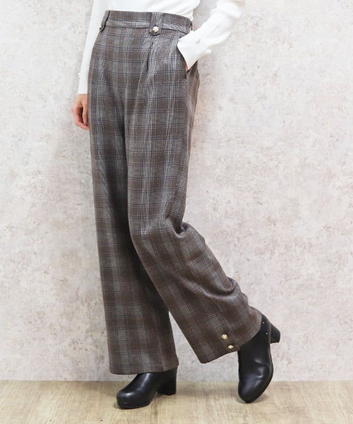 【アクシーズファム/axes femme】の裾釦起毛チェックワイドパンツ 人気、トレンドファッション・服の通販 founy(ファニー) 　ファッション　Fashion　レディースファッション　WOMEN　パンツ　Pants　おすすめ　Recommend　ストレート　Straight　センター　Center　チェック　Check　フェミニン　Feminine　ワイド　Wide　 other-1|ID: prp329100004253491 ipo3291000000029529015