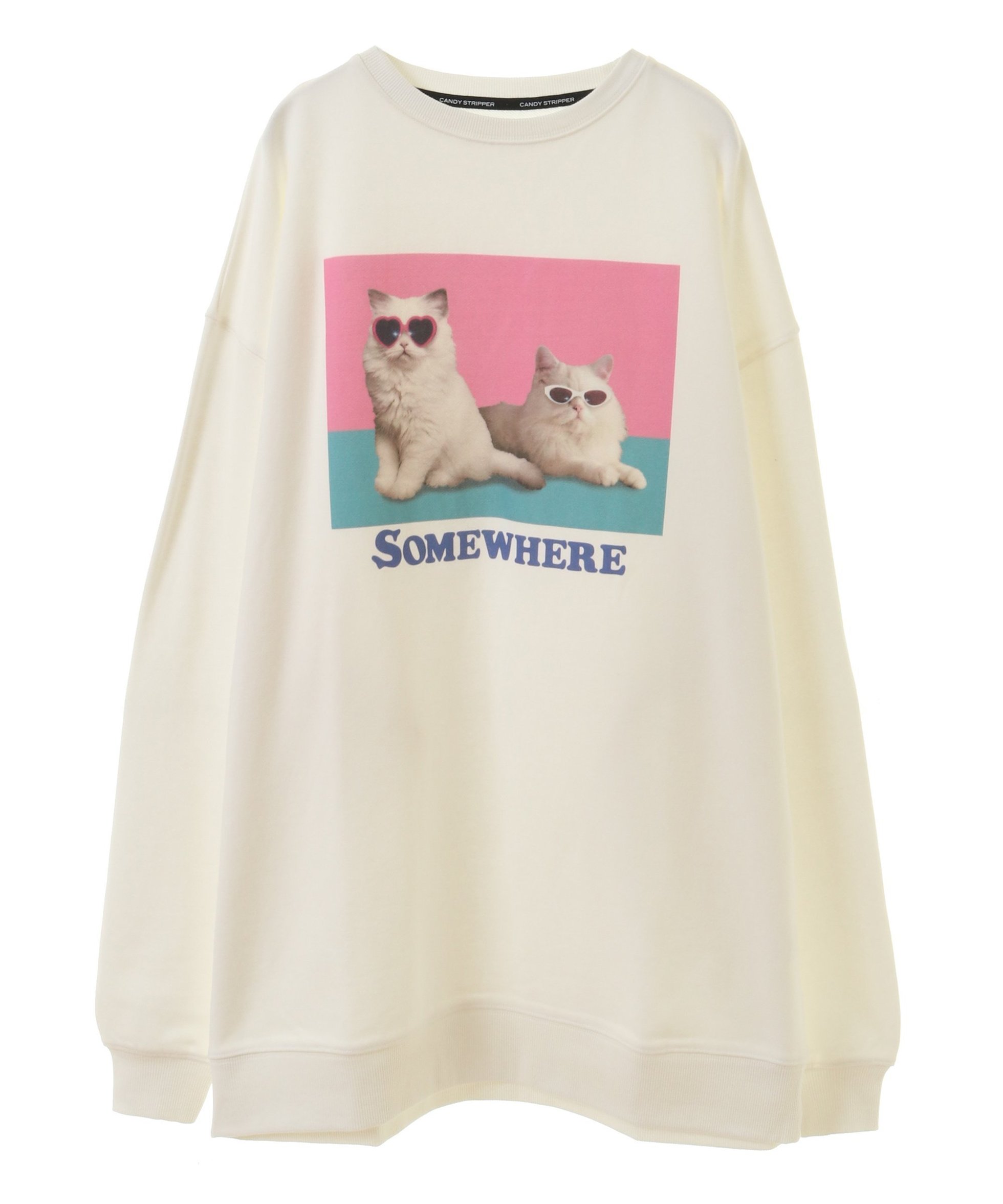 【キャンディストリッパー/Candy Stripper】のSOMEWHERE SWEAT ONE-PIECE インテリア・キッズ・メンズ・レディースファッション・服の通販 founy(ファニー) 　ファッション　Fashion　レディースファッション　WOMEN　トップス・カットソー　Tops/Tshirt　パーカ　Sweats　スウェット　Sweat　ガーリー　Girly　グラフィック　Graphic　サングラス　Sunglasses　プリント　Print　ボトム　Bottom　ロング　Long　猫　Cat　OFF WHITE|ID: prp329100004284130 ipo3291000000030521780