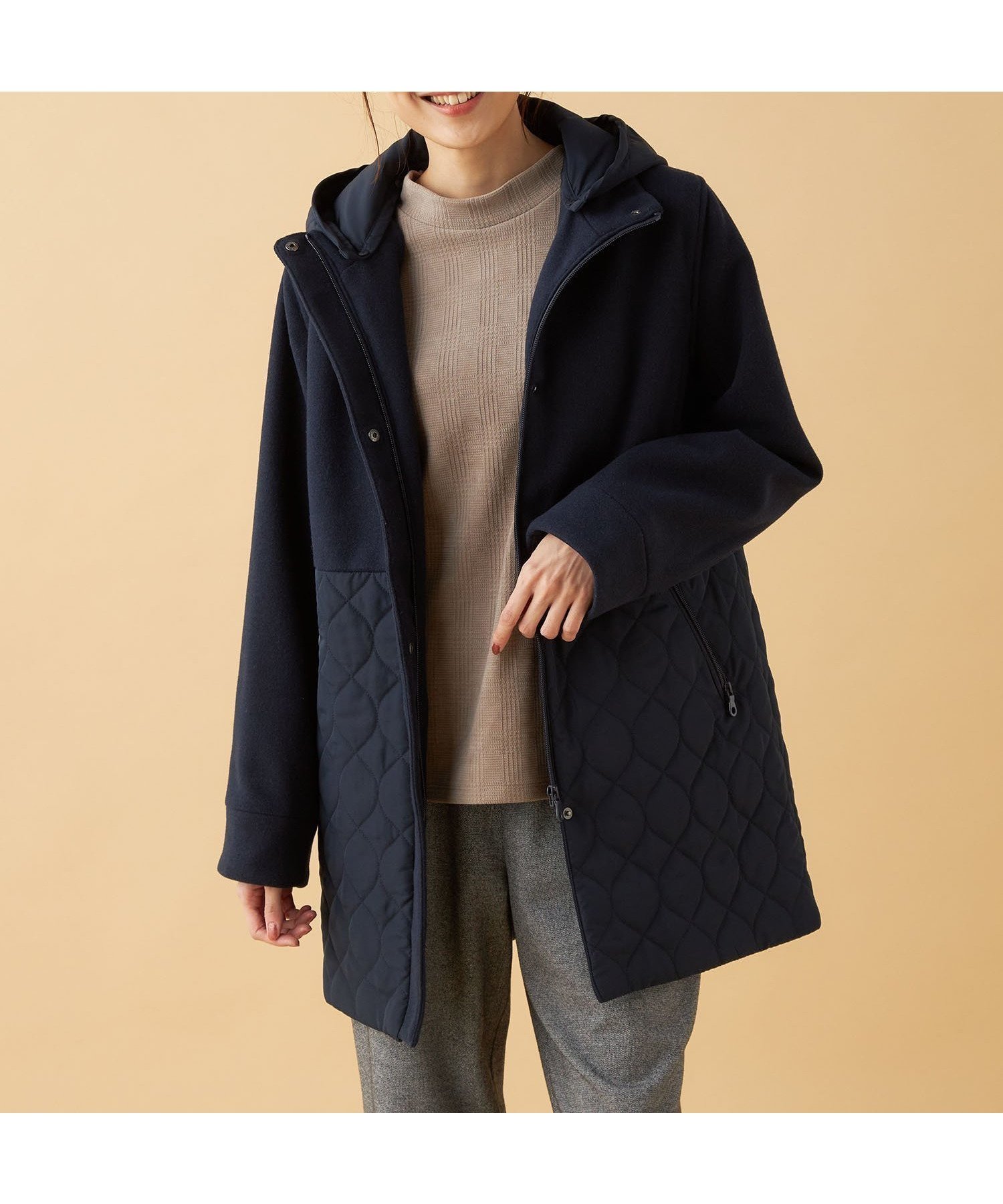 【デコイ/DECOY Since1981】のハイブリットコート インテリア・キッズ・メンズ・レディースファッション・服の通販 founy(ファニー) 　ファッション　Fashion　レディースファッション　WOMEN　アウター　Coat Outerwear　コート　Coats　エレガント 上品　Elegant　キルティング　Quilting　メルトン　Melton　ネイビー|ID: prp329100004287048 ipo3291000000030143010