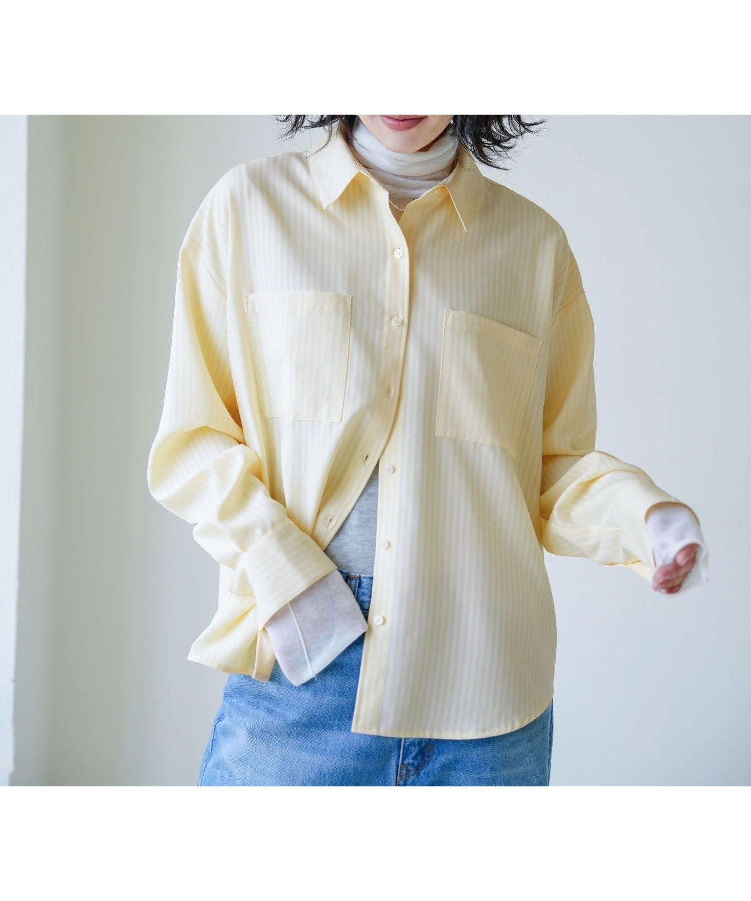 【ジーナシス/JEANASiS】のSilk Like Stripe Shirt インテリア・キッズ・メンズ・レディースファッション・服の通販 founy(ファニー) 　ファッション　Fashion　レディースファッション　WOMEN　トップス・カットソー　Tops/Tshirt　シャツ/ブラウス　Shirts/Blouses　おすすめ　Recommend　インナー　Inner　シャドー　Shadow　ストライプ　Stripe　タートル　Turtle　パッチ　Patch　ポケット　Pocket　イエロー|ID: prp329100004311411 ipo3291000000029894257