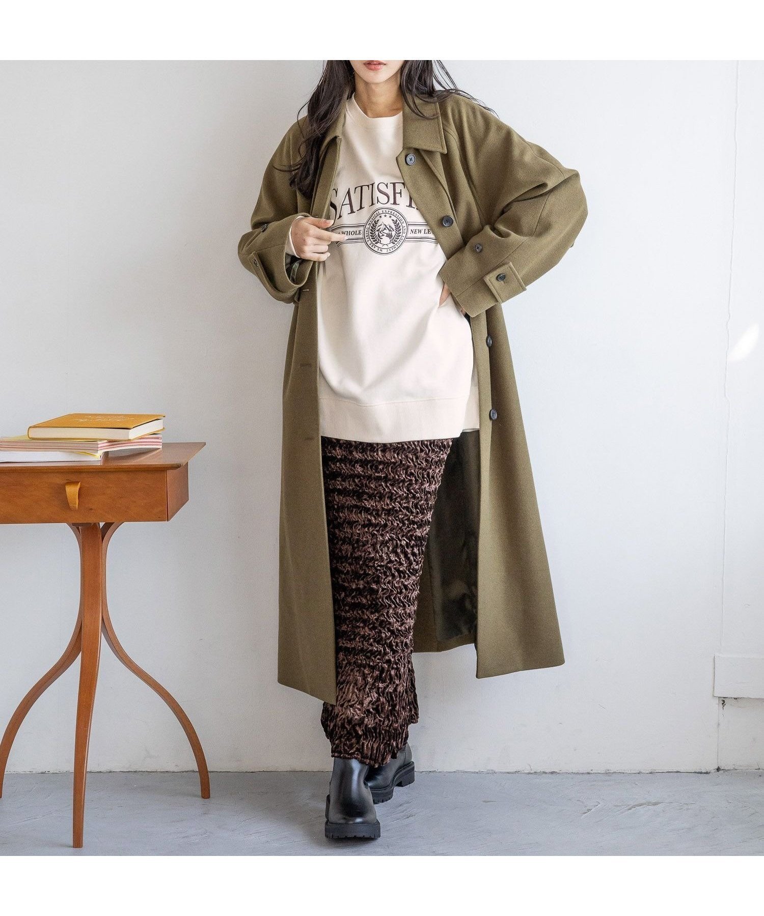 【ローリーズファーム/LOWRYS FARM】のウールライクヨークコート インテリア・キッズ・メンズ・レディースファッション・服の通販 founy(ファニー) 　ファッション　Fashion　レディースファッション　WOMEN　アウター　Coat Outerwear　コート　Coats　シンプル　Simple　ジャージ　Jersey　バランス　Balance　フロント　Front　ヨーク　Yoke　ロング　Long　カーキ|ID: prp329100004329488 ipo3291000000030051827