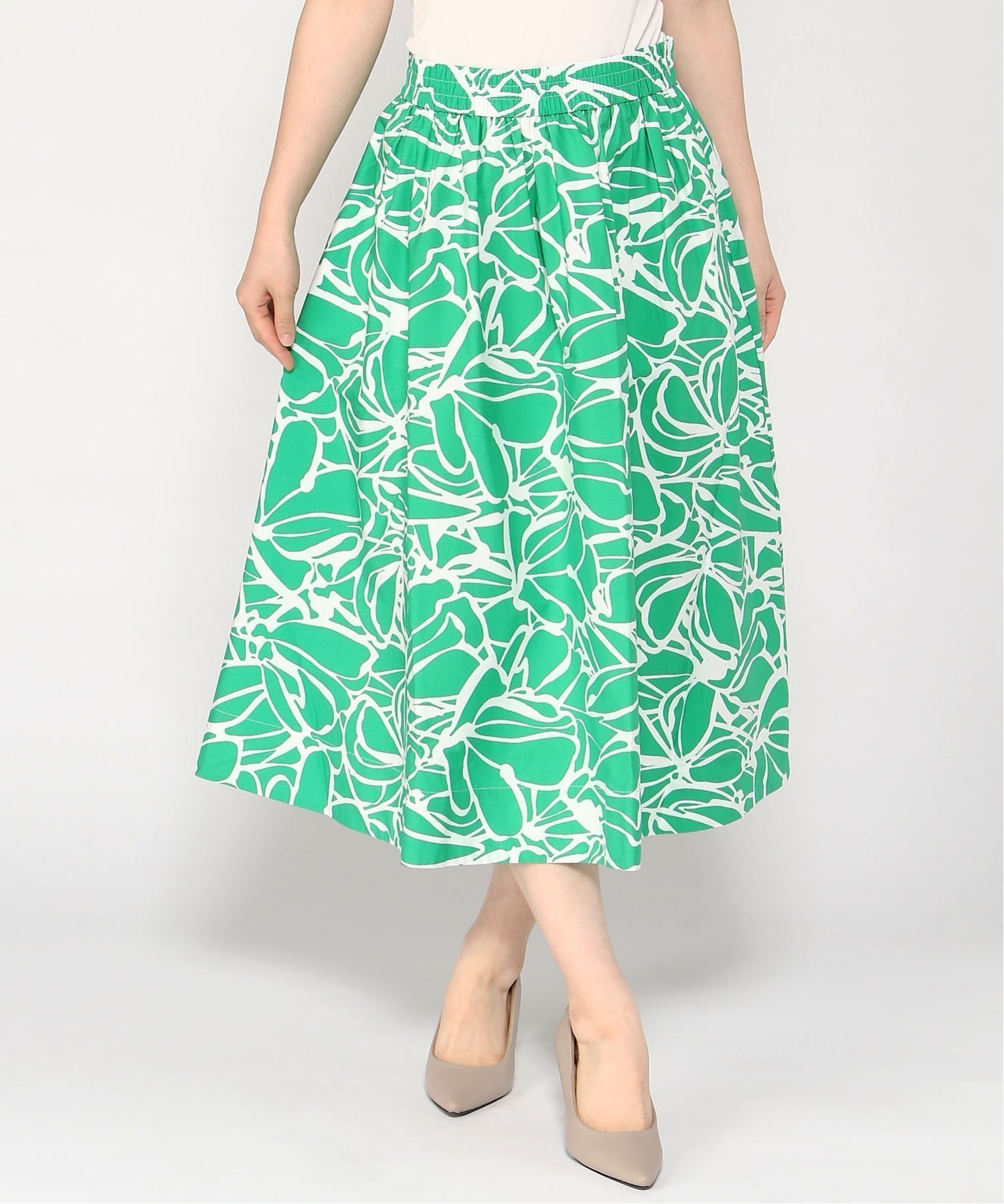 【バナナリパブリック ファクトリーストア/BANANA REPUBLIC FACTORY STORE】のBANANA REPUBLIC FACTORY STORE E-WAIST POPLIN MIDI SKIRT インテリア・キッズ・メンズ・レディースファッション・服の通販 founy(ファニー) 　ファッション　Fashion　レディースファッション　WOMEN　スカート　Skirt　サンダル　Sandals　プリント　Print　GREEN_FLORAL|ID: prp329100004363258 ipo3291000000030544300