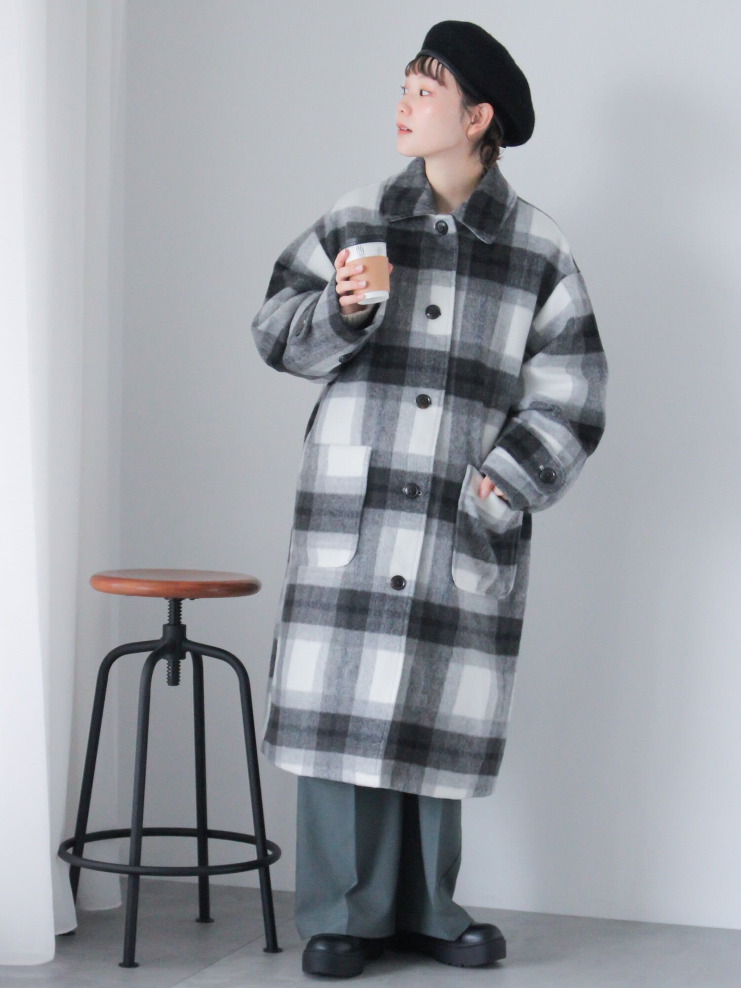 【エヘカソポ/ehka sopo】のチェックステンカラーコート 人気、トレンドファッション・服の通販 founy(ファニー) 　ファッション　Fashion　レディースファッション　WOMEN　アウター　Coat Outerwear　コート　Coats　シンプル　Simple　チェック　Check　フロント　Front　ポケット　Pocket　ロング　Long　防寒　Cold Protection　 other-1|ID: prp329100004370848 ipo3291000000030549742