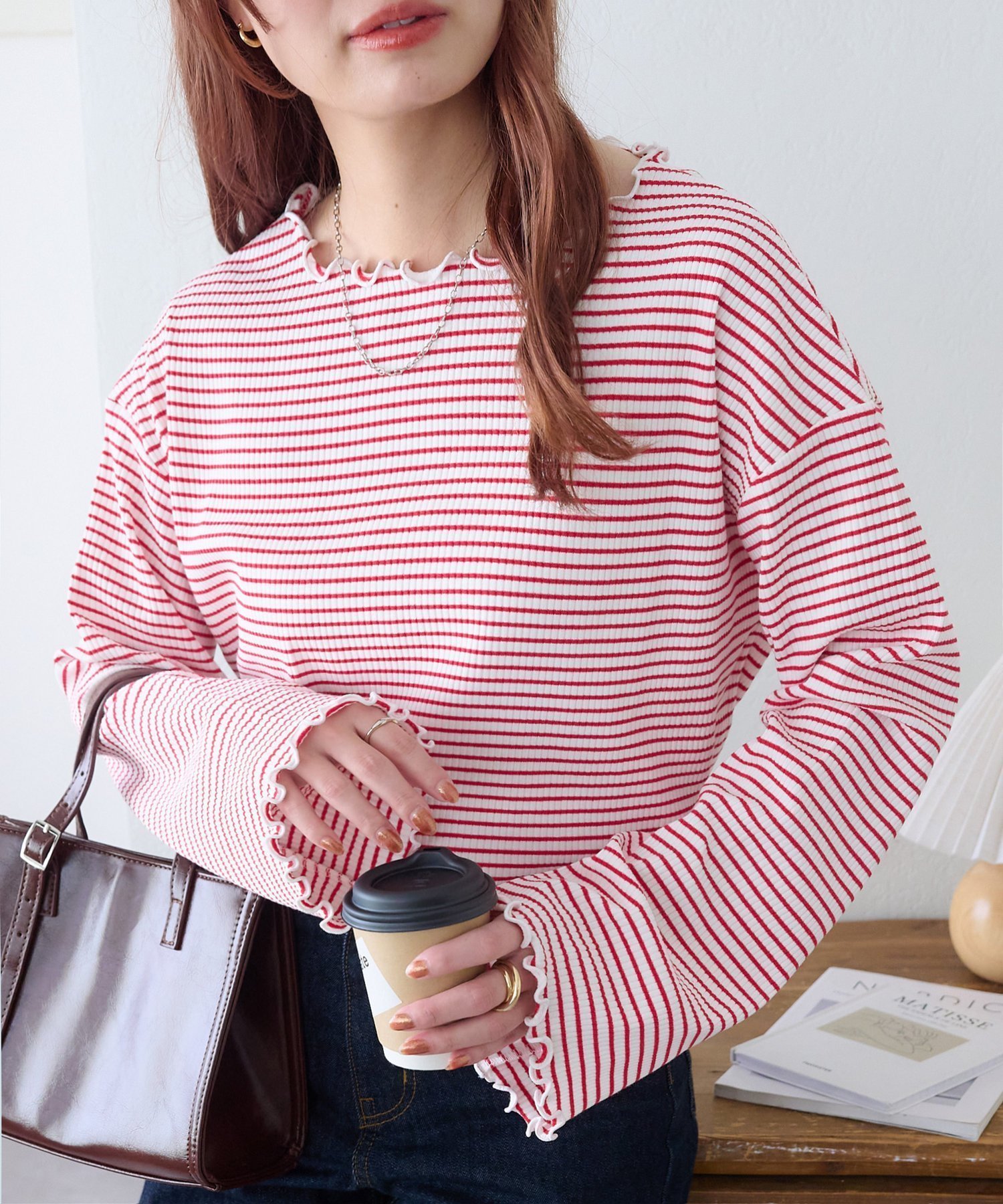 【ディスコート/Discoat】の【新色追加!/20色展開】リブメローフレアスリーブ《WEB限定》 インテリア・キッズ・メンズ・レディースファッション・服の通販 founy(ファニー) 　ファッション　Fashion　レディースファッション　Fashion for Women　パターン　Pattern, Design Print　フレア　Flare, Flared　ボーダー　Border, Stripe　無地　Plain, Solid Color　レッド|ID: prp329100004371538 ipo3291000000034780593