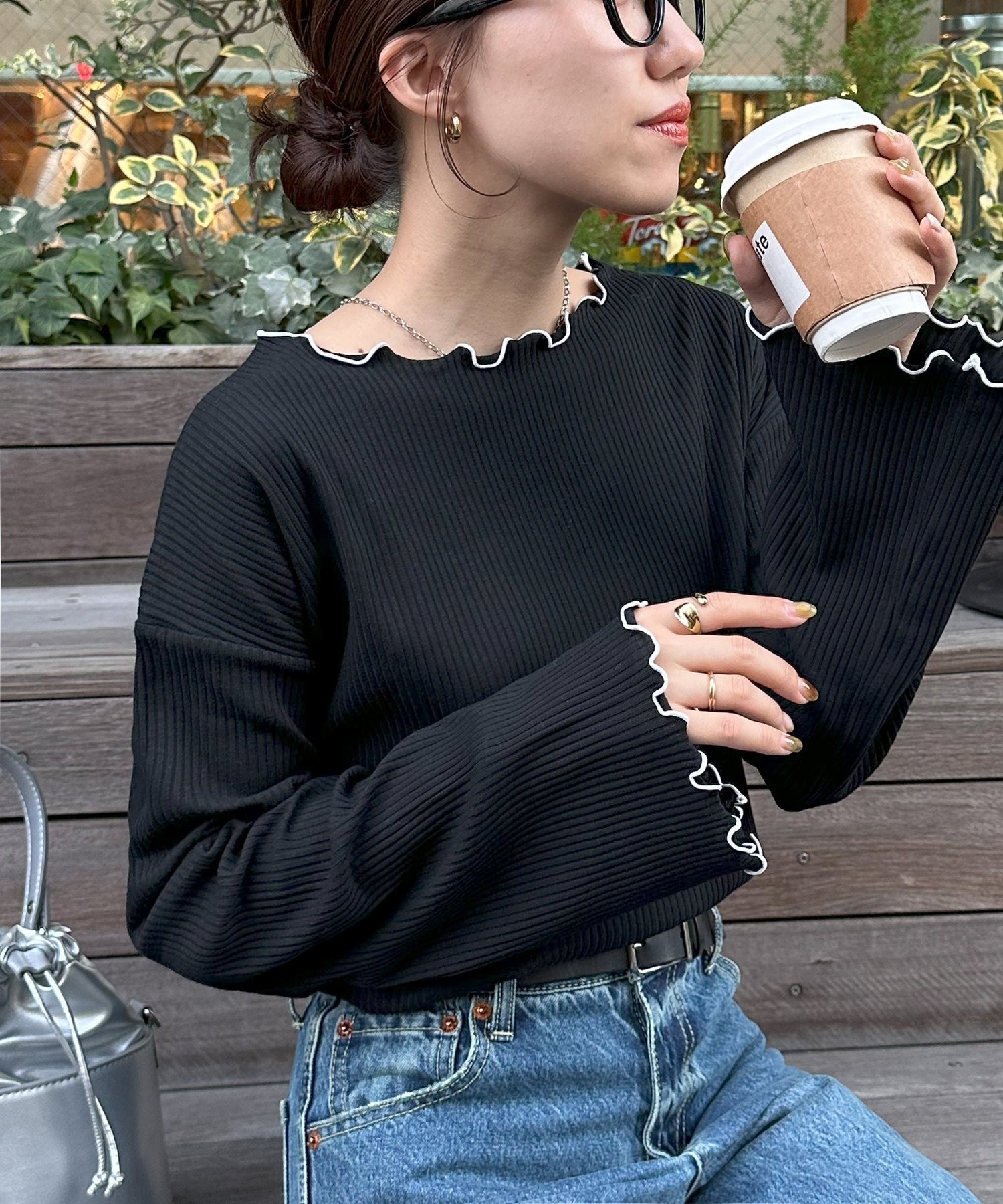 【ディスコート/Discoat】の【新色追加!/20色展開】リブメローフレアスリーブ《WEB限定》 インテリア・キッズ・メンズ・レディースファッション・服の通販 founy(ファニー) 　ファッション　Fashion　レディースファッション　Fashion for Women　パターン　Pattern, Design Print　フレア　Flare, Flared　ボーダー　Border, Stripe　無地　Plain, Solid Color　ブラックその他2|ID: prp329100004371538 ipo3291000000034780602