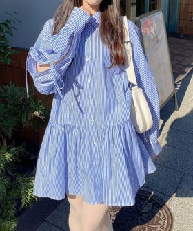 【イング/INGNI】 INGNI/袖リボンティアードチュニックシャツOP人気、トレンドファッション・服の通販 founy(ファニー) ファッション Fashion レディースファッション WOMEN トップス・カットソー Tops/Tshirt シャツ/ブラウス Shirts/Blouses ワンピース Dress チュニック Tunic おすすめ Recommend カッティング Cutting ストライプ Stripe リボン Ribbon リラックス Relax 無地 Plain Color |ID:prp329100004376129