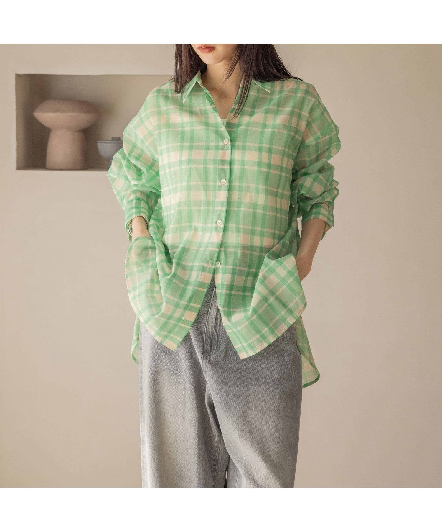 【ローリーズファーム/LOWRYS FARM】のシアーシャツLS* インテリア・キッズ・メンズ・レディースファッション・服の通販 founy(ファニー) 　ファッション　Fashion　レディースファッション　WOMEN　トップス・カットソー　Tops/Tshirt　シャツ/ブラウス　Shirts/Blouses　おすすめ　Recommend　インナー　Inner　クロップド　Cropped　シアー　Sheer　シンプル　Simple　ベーシック　Basic　ロング　Long　定番　Standard　羽織　Haori　グリーンチェック|ID: prp329100004393359 ipo3291000000031769683