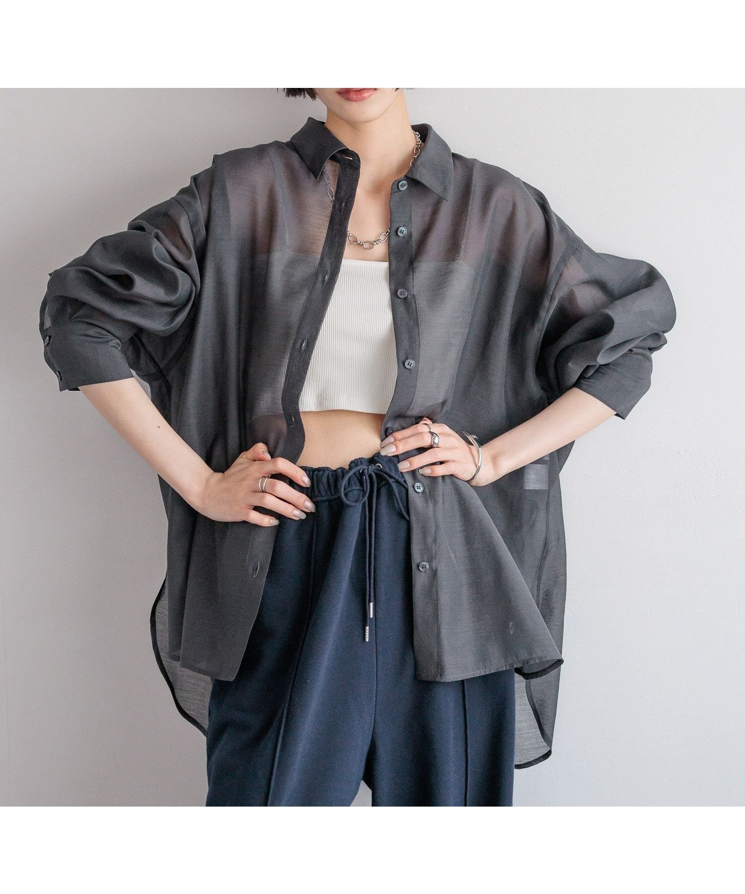 【ローリーズファーム/LOWRYS FARM】のシアーシャツLS* インテリア・キッズ・メンズ・レディースファッション・服の通販 founy(ファニー) 　ファッション　Fashion　レディースファッション　WOMEN　トップス・カットソー　Tops/Tshirt　シャツ/ブラウス　Shirts/Blouses　おすすめ　Recommend　インナー　Inner　クロップド　Cropped　シアー　Sheer　シンプル　Simple　ベーシック　Basic　ロング　Long　定番　Standard　羽織　Haori　チャコール18|ID: prp329100004393359 ipo3291000000031942777