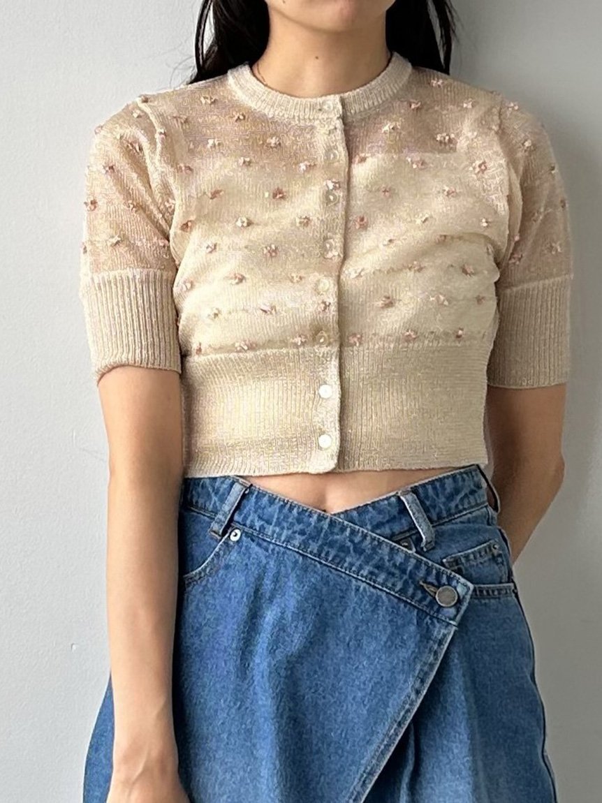 【スナイデル/SNIDEL】のフラワーライクシアーカーディガン インテリア・キッズ・メンズ・レディースファッション・服の通販 founy(ファニー) 　ファッション　Fashion　レディースファッション　Ladies' Fashion Online　トップス・カットソー　Tops/Tshirt　カーディガン　Cardigans　おすすめ　Recommend　インナー　Inner　ウェーブ　Wave　エレガント 上品　Elegant　カーディガン　Cardigan　キャミソール　Camisole　クロップド　Cropped　ドット　Dot　フィット　Fit　フェミニン　Feminine　半袖　Short Sleeve　春　Spring　BEG[037]|ID: prp329100004415819 ipo3291000000032620757