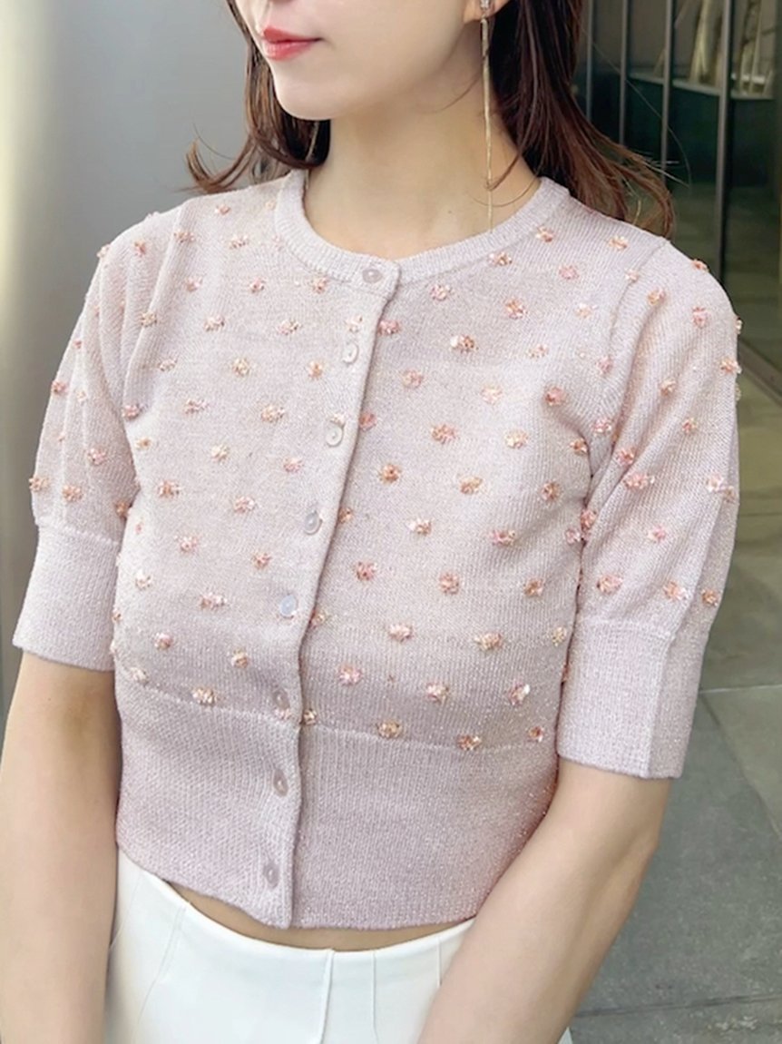 【スナイデル/SNIDEL】のフラワーライクシアーカーディガン インテリア・キッズ・メンズ・レディースファッション・服の通販 founy(ファニー) 　ファッション　Fashion　レディースファッション　Ladies' Fashion Online　トップス・カットソー　Tops/Tshirt　カーディガン　Cardigans　おすすめ　Recommend　インナー　Inner　ウェーブ　Wave　エレガント 上品　Elegant　カーディガン　Cardigan　キャミソール　Camisole　クロップド　Cropped　ドット　Dot　フィット　Fit　フェミニン　Feminine　半袖　Short Sleeve　春　Spring　PNK[066]|ID: prp329100004415819 ipo3291000000032620758