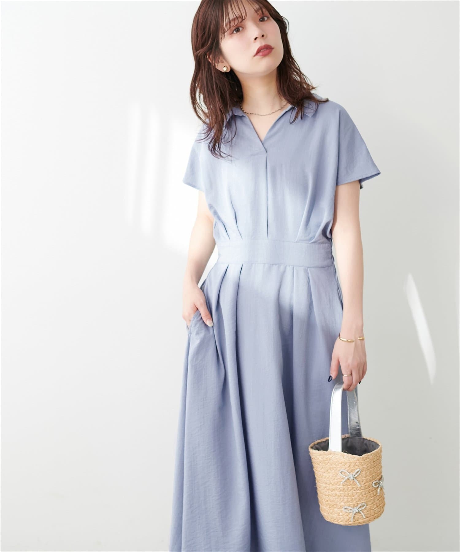 【ナチュラルクチュール/natural couture】の【WEB限定】涼しげスキッパー衿お上品ワンピース(Lサイズ) インテリア・キッズ・メンズ・レディースファッション・服の通販 founy(ファニー) 　ファッション　Fashion　レディースファッション　WOMEN　ワンピース　Dress　カーディガン　Cardigan　シアー　Sheer　スキッパー　Skipper　ストラップサンダル　Strap Sandals　トレンド　Trend　ミュール　Mule　エレガント 上品　Elegant　2025年　2025　2025春夏・S/S　Ss,Spring/Summer,2025　サックスブルー|ID: prp329100004415997 ipo3291000000031843428