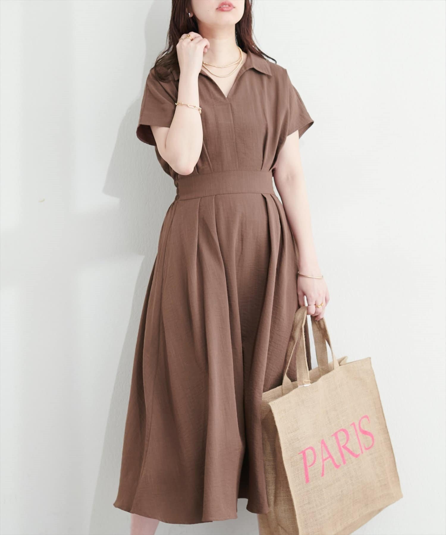 【ナチュラルクチュール/natural couture】の涼しげスキッパー衿お上品ワンピース インテリア・キッズ・メンズ・レディースファッション・服の通販 founy(ファニー) 　ファッション　Fashion　レディースファッション　WOMEN　ワンピース　Dress　2025年　2025　2025春夏・S/S　Ss,Spring/Summer,2025　カーディガン　Cardigan　シアー　Sheer　スキッパー　Skipper　ストラップサンダル　Strap Sandals　トレンド　Trend　ミュール　Mule　エレガント 上品　Elegant　無地　Plain Color　ブラウン|ID: prp329100004417682 ipo3291000000031673919