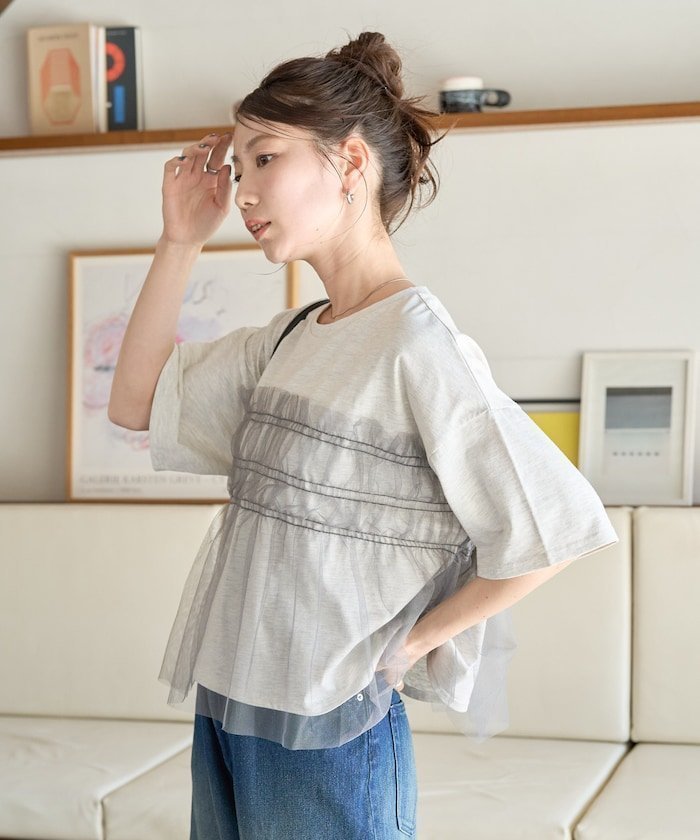 【フリークスストア/FREAK'S STORE】のチュール フリル ドッキング 半袖 Tシャツ【限定展開】 25SS インテリア・キッズ・メンズ・レディースファッション・服の通販 founy(ファニー) 　ファッション　Fashion　レディースファッション　WOMEN　トップス・カットソー　Tops/Tshirt　シャツ/ブラウス　Shirts/Blouses　ロング / Tシャツ　T-Shirts　2025年　2025　2025春夏・S/S　Ss,Spring/Summer,2025　カットソー　Cut And Sew　チュール　Tulle　ドッキング　Docking　バランス　Balance　フェミニン　Feminine　フリル　Frills　ボトム　Bottom　ワイド　Wide　半袖　Short Sleeve　夏　Summer　S/S・春夏　Ss・Spring/Summer　杢オートミール×グレー|ID: prp329100004418197 ipo3291000000031062607