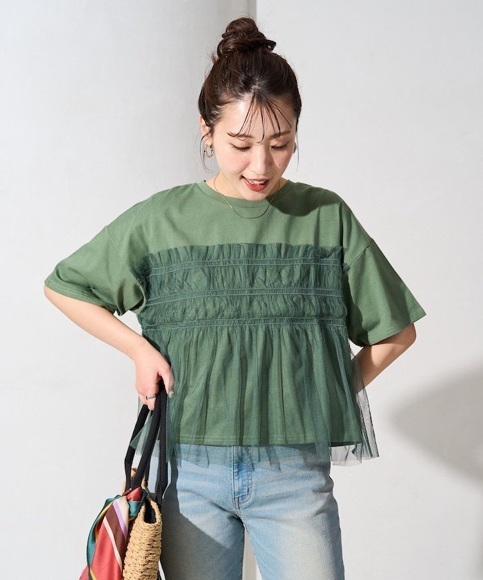 【フリークスストア/FREAK'S STORE】のチュール フリル ドッキング 半袖 Tシャツ【限定展開】 25SS インテリア・キッズ・メンズ・レディースファッション・服の通販 founy(ファニー) 　ファッション　Fashion　レディースファッション　WOMEN　トップス・カットソー　Tops/Tshirt　シャツ/ブラウス　Shirts/Blouses　ロング / Tシャツ　T-Shirts　2025年　2025　2025春夏・S/S　Ss,Spring/Summer,2025　カットソー　Cut And Sew　チュール　Tulle　ドッキング　Docking　バランス　Balance　フェミニン　Feminine　フリル　Frills　ボトム　Bottom　ワイド　Wide　半袖　Short Sleeve　夏　Summer　S/S・春夏　Ss・Spring/Summer　グリーン×グリーン|ID: prp329100004418197 ipo3291000000031062611