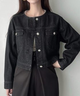 【ジュノア/JUNOAH】のMeiru ビジュー釦ノーカラーデニムジャケット 人気、トレンドファッション・服の通販 founy(ファニー) ファッション Fashion レディースファッション WOMEN アウター Coat Outerwear ジャケット Jackets デニムジャケット Denim Jackets ビジュー Bijou |ID:prp329100004432882