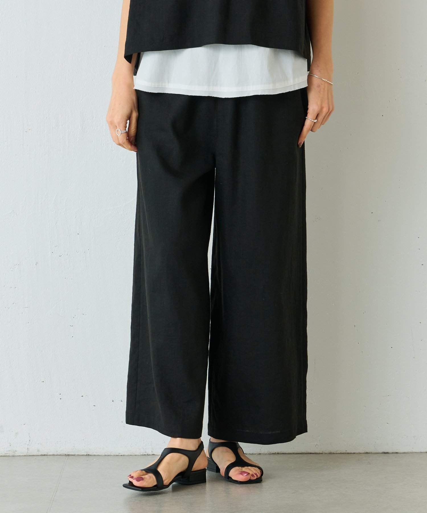 【その他のブランド/Other】のウエストリブリネンパンツ インテリア・キッズ・メンズ・レディースファッション・服の通販 founy(ファニー) 　ファッション　Fashion　レディースファッション　Fashion for Women　パンツ　Pants & Trousers　洗える　Machine Washable　カットソー　Cut and Sewn Top　ジャケット　Jacket, Outerwear　セットアップ　Set-Up, Coordinated Outfit　定番　Standard, Basic Item　リネン　Linen, Linen Fabric　ワイド　Wide, Wide Fit　夏　Summer　ブラック|ID: prp329100004440463 ipo3291000000032485288