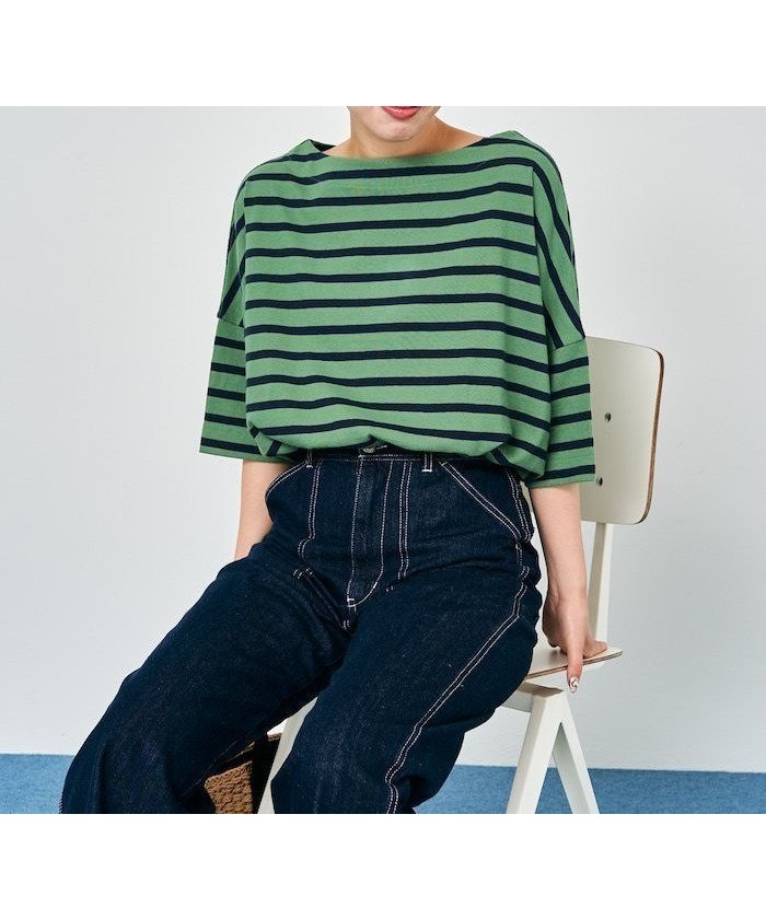 【フリークスストア/FREAK'S STORE】のボートネックバスクボーダー半袖Tシャツ【限定展開】 25SS インテリア・キッズ・メンズ・レディースファッション・服の通販 founy(ファニー) 　ファッション　Fashion　レディースファッション　Fashion for Women　トップス・カットソー　Cut & Sew Tops　シャツ・ブラウス・オフィスカジュアル　Elegant Blouses & Button-Ups　ロングTシャツ・Tシャツ　Longline T-Shirts & Tees　カットソー　Cut and Sewn Top　ショルダー　Shoulder, Shoulder Strap　シンプル　Simple, Minimal　ドロップ　Drop Shoulder, Dropped Style　定番　Standard, Basic Item　人気　Popular, Best Seller　バスク　Basque, Basque Style　ボトム　Bottoms, Lower Wear　半袖　Short Sleeve, Half Sleeve　S/S・春夏　SS, Spring/Summer, Warm Season　プチプライス・低価格　Affordable / Budget Price　夏　Summer　2025年　2025　2025春夏・S/S　Spring/Summer 2025 SS25　グリーン×ネイビー|ID: prp329100004448011 ipo3291000000032975910