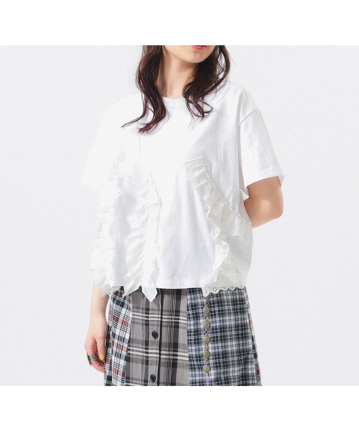 【ビームス ウイメン/BEAMS】の【別注】TORI-TO / コラージュ Tシャツ インテリア・キッズ・メンズ・レディースファッション・服の通販 founy(ファニー) 　ファッション　Fashion　レディースファッション　WOMEN　トップス・カットソー　Tops/Tshirt　シャツ/ブラウス　Shirts/Blouses　ロング / Tシャツ　T-Shirts　ギンガム　Gingham　シンプル　Simple　ストレート　Straight　チェック　Check　デニム　Denim　ハンド　Hand　フリル　Frills　フロント　Front　別注　Special Order　WHITE|ID: prp329100004448224 ipo3291000000031981925