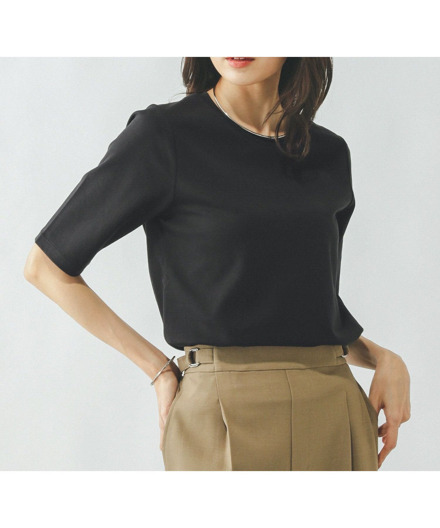 【グローバルワーク/GLOBAL WORK】のなめらかタッチコンパクトTシャツ5分袖/289388 インテリア・キッズ・メンズ・レディースファッション・服の通販 founy(ファニー) 　ファッション　Fashion　レディースファッション　WOMEN　トップス・カットソー　Tops/Tshirt　シャツ/ブラウス　Shirts/Blouses　ロング / Tシャツ　T-Shirts　なめらか　Smooth　インナー　Inner　カットソー　Cut And Sew　ジャケット　Jacket　フィット　Fit　ベーシック　Basic　ボトム　Bottom　無地　Plain Color　ブラック09|ID: prp329100004448244 ipo3291000000031680969