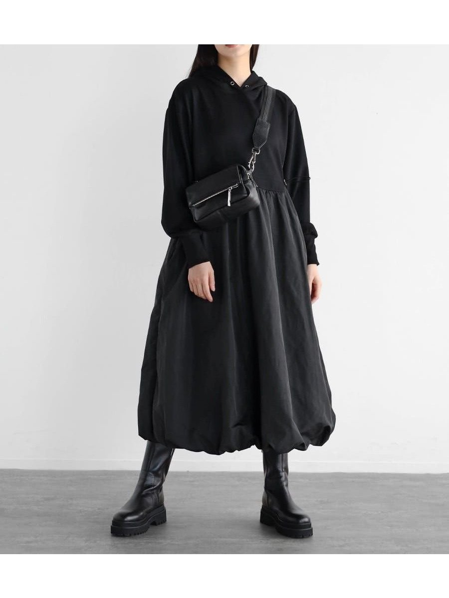 【ラシュッド/LASUD】のフーデットバルーンワンピース インテリア・キッズ・メンズ・レディースファッション・服の通販 founy(ファニー) 　ファッション　Fashion　レディースファッション　WOMEN　ワンピース　Dress　スニーカー　Sneakers　バルーン　Balloon　ブラック|ID: prp329100004457342 ipo3291000000031595968