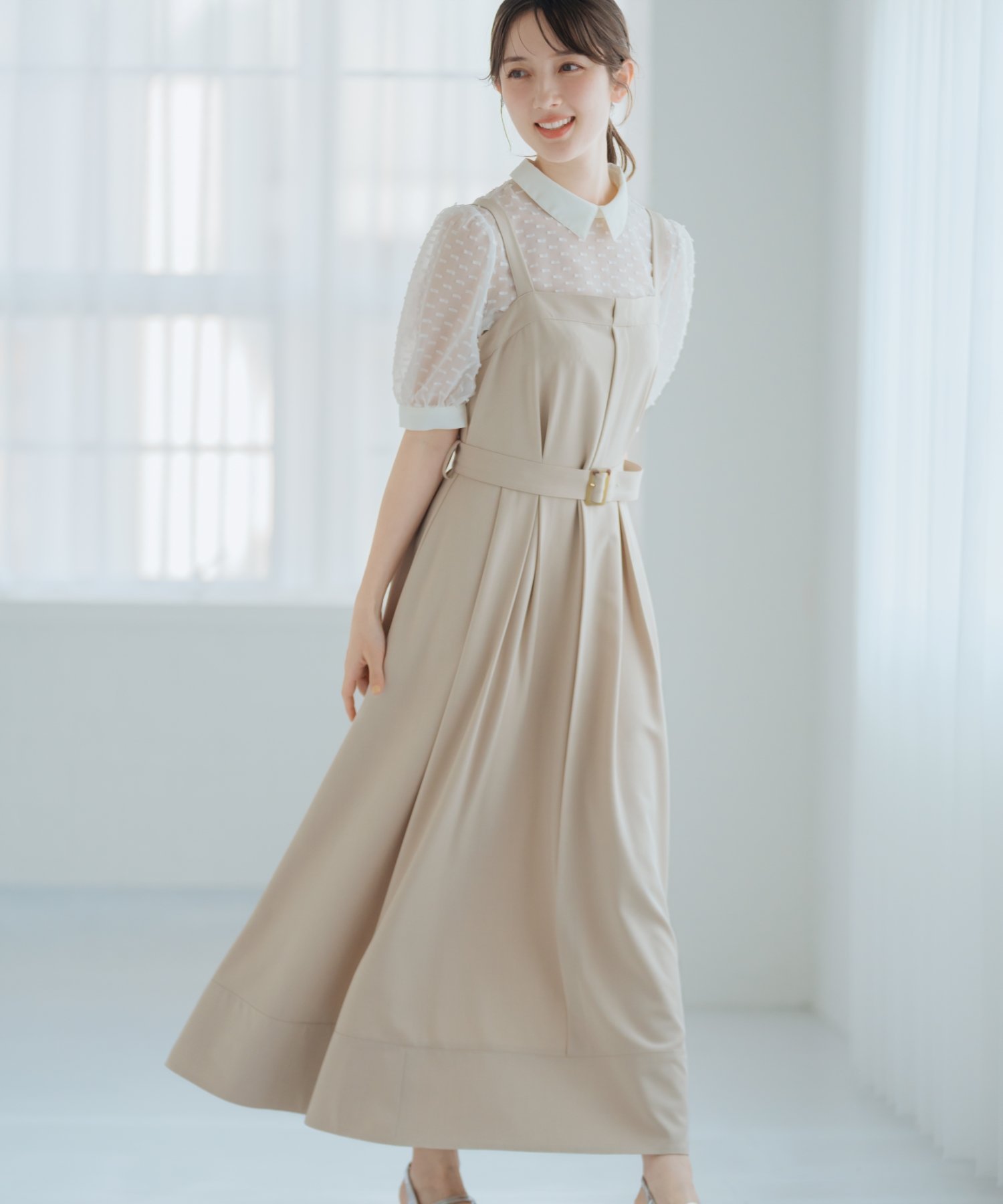 【ミッシュマッシュ/MISCH MASCH】の大人可愛いを叶える ベルト付きジャンスカ/MM517411 インテリア・キッズ・メンズ・レディースファッション・服の通販 founy(ファニー) 　ファッション　Fashion　レディースファッション　WOMEN　ベルト　Belts　インナー　Inner　エレガント 上品　Elegant　カットソー　Cut And Sew　クラシック　Classic　シューズ　Shoes　シンプル　Simple　スニーカー　Sneakers　バランス　Balance　フラット　Flat　フレア　Flare　リブニット　Rib Knit　レース　Race　ロング　Long　おすすめ　Recommend　ベージュ|ID: prp329100004457882 ipo3291000000032290698