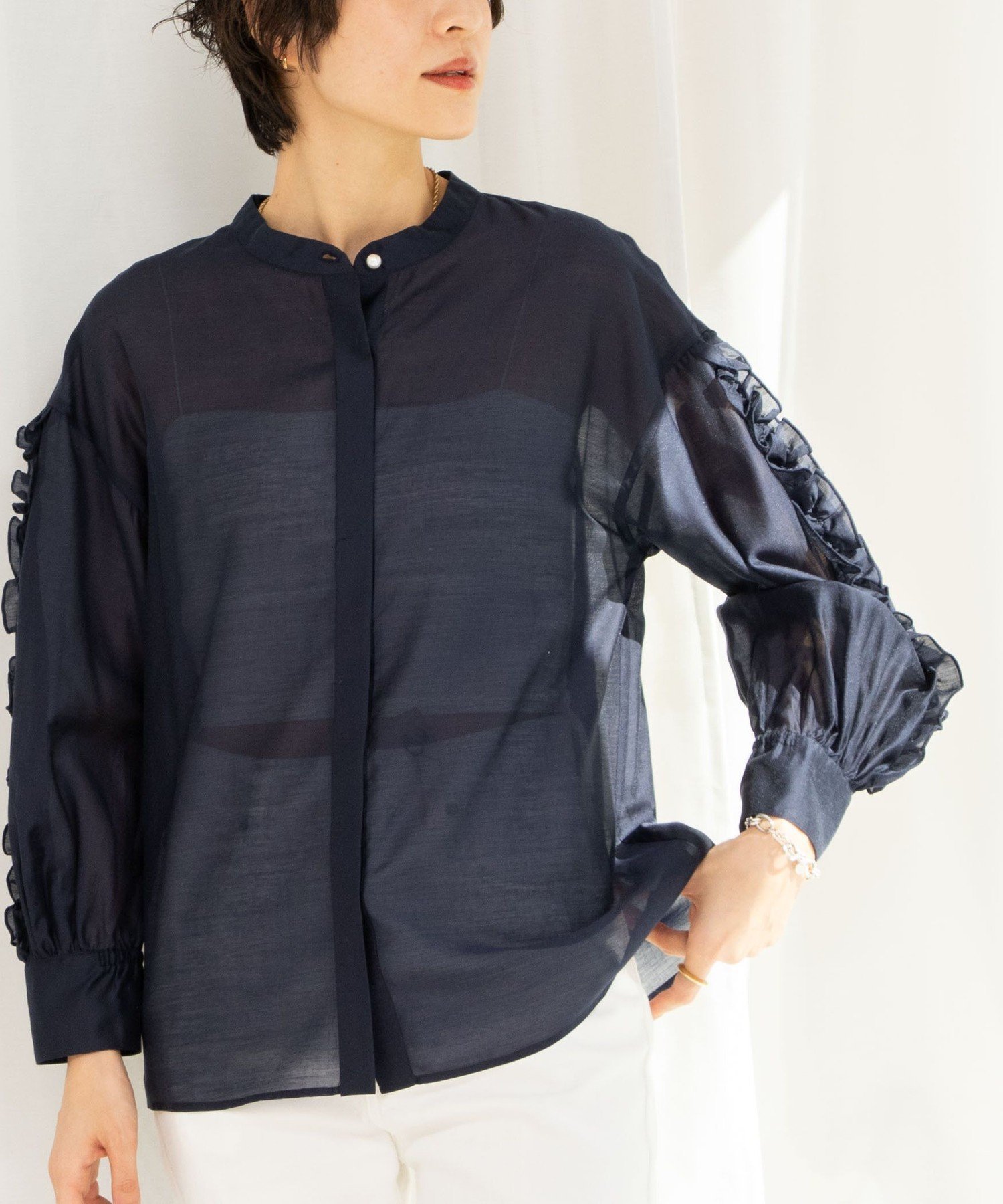 【ノーリーズ/NOLLEY'S】の袖フリルシアーブラウス インテリア・キッズ・メンズ・レディースファッション・服の通販 founy(ファニー) 　ファッション　Fashion　レディースファッション　WOMEN　トップス・カットソー　Tops/Tshirt　シャツ/ブラウス　Shirts/Blouses　2025年　2025　2025春夏・S/S　Ss,Spring/Summer,2025　おすすめ　Recommend　インナー　Inner　シアー　Sheer　ジャケット　Jacket　デニム　Denim　パール　Pearl　フリル　Frills　ワイド　Wide　春　Spring　ネイビー|ID: prp329100004461256 ipo3291000000032054631