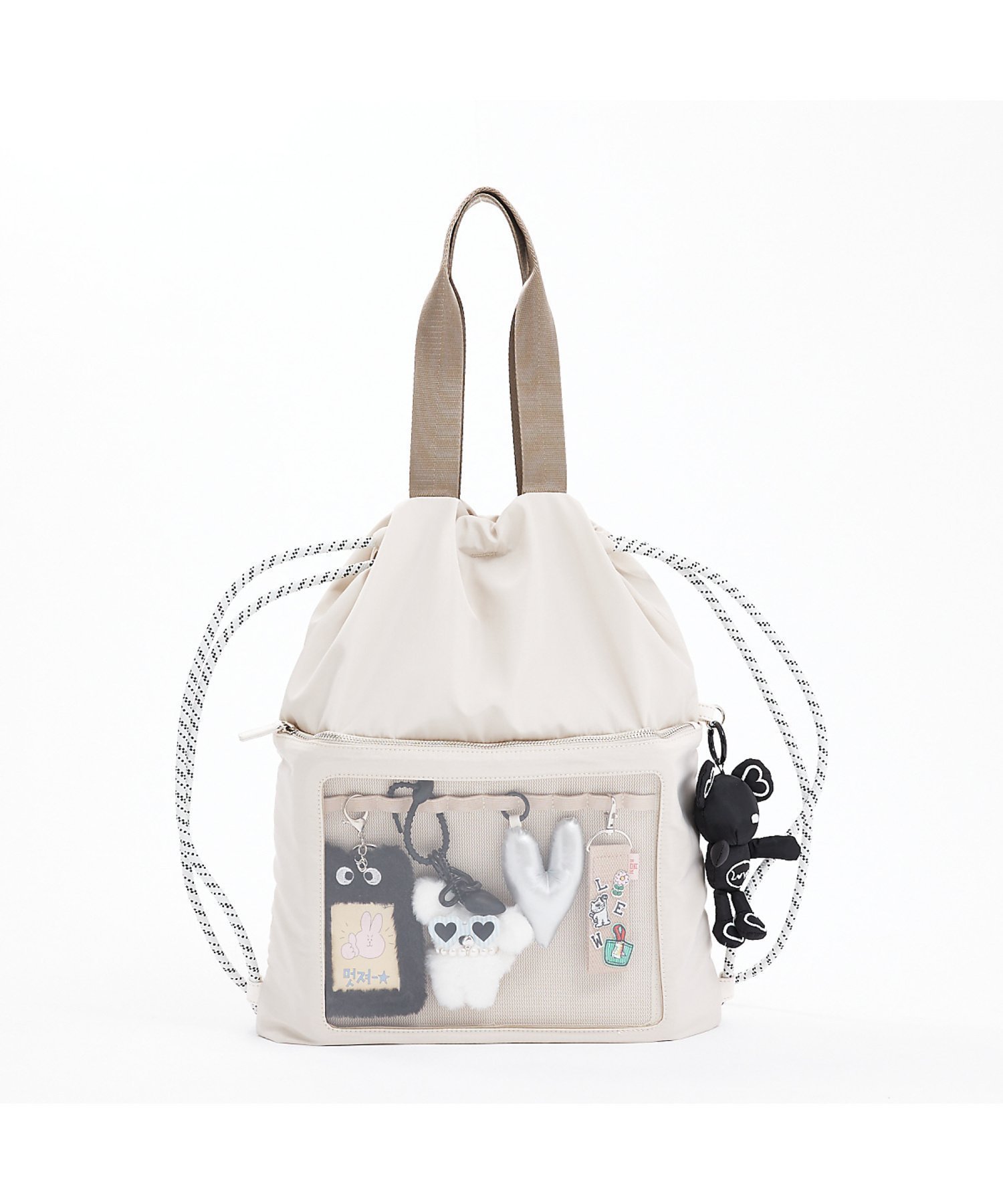 【ロウェル シングス/LOWELL Things】の【40周年】オシゴトナップサックトート【推し活】 インテリア・キッズ・メンズ・レディースファッション・服の通販 founy(ファニー) 　ファッション　Fashion　レディースファッション　WOMEN　バッグ　Bag　アクリル　Acrylic　キーホルダー　Key Ring　傘　Umbrella　軽量　Lightweight　シンプル　Simple　スタンド　Stand　タオル　Towel　チャーム　Charm　フロント　Front　プレート　Plate　ベーシック　Basic　ポケット　Pocket　ポーチ　Pouch　メッシュ　Mesh　無地　Plain Color　リアル　Real　楽ちん　Easy　おすすめ　Recommend　アイボリー|ID: prp329100004467478 ipo3291000000031736676