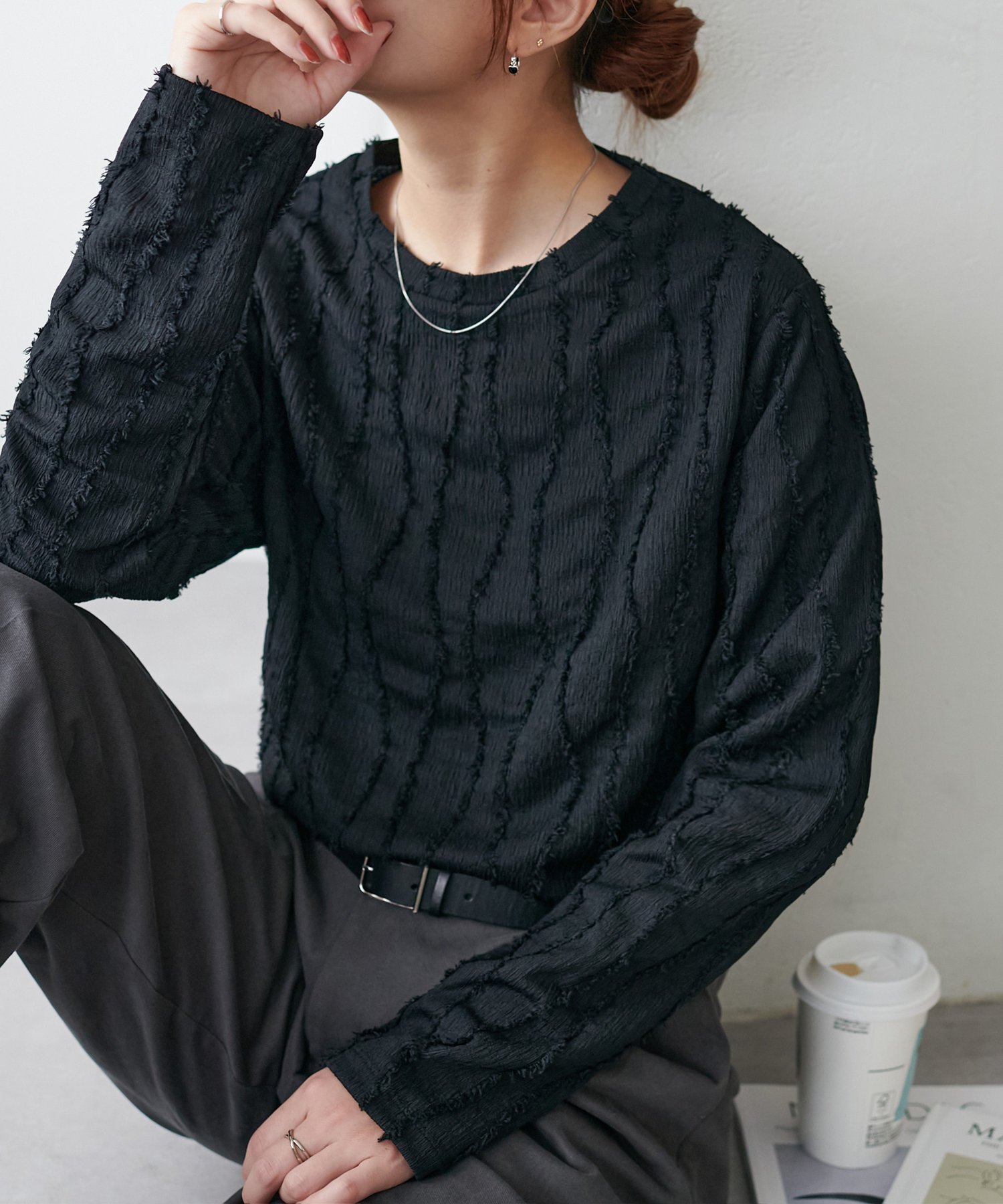 【ディスコート/Discoat】の【新色追加!/WEB限定】ジャガードロンT インテリア・キッズ・メンズ・レディースファッション・服の通販 founy(ファニー) 　ファッション　Fashion　レディースファッション　WOMEN　トップス・カットソー　Tops/Tshirt　ロング / Tシャツ　T-Shirts　ブラック|ID: prp329100004468500 ipo3291000000031997950