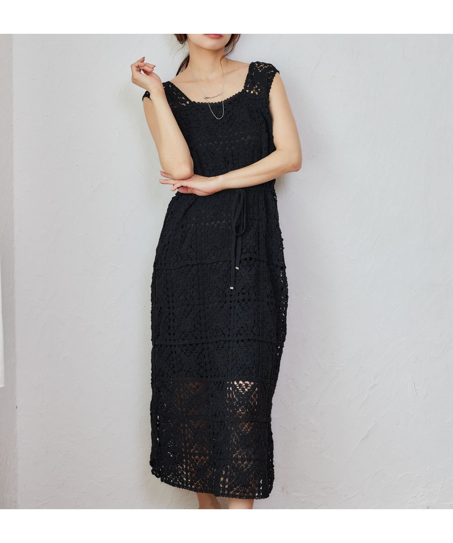 【ミスティ ウーマン/mysty woman】のクロシェロングノースリーブワンピース インテリア・キッズ・メンズ・レディースファッション・服の通販 founy(ファニー) 　ファッション　Fashion　レディースファッション　Ladies' Fashion Online　ワンピース　Dress　ブラック|ID: prp329100004469874 ipo3291000000032605004