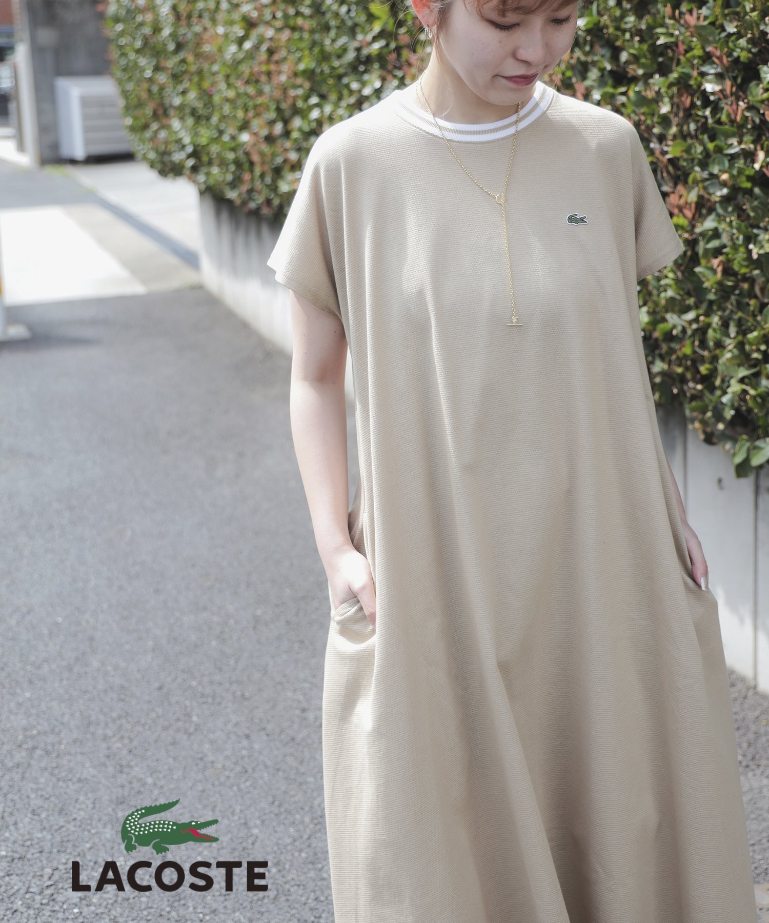 【ビーミングライフストアバイビームス/B:MING LIFE STORE by BEAMS】の【別注】LACOSTE / カノコ クルーネック ワンピース(S~M) 25SS きれいめ スポーツミックス 旅行 お出かけ 体型カバー リラックス インテリア・キッズ・メンズ・レディースファッション・服の通販 founy(ファニー) 　ファッション　Fashion　レディースファッション　Ladies' Fashion Online　ワンピース　Dress　スポーツウェア　Sportswear　スポーツ ワンピース　Sports One Piece　鹿の子　Pique　スポーツ　Sports　トレンド　Trend　ドレープ　Drape　フレア　Flare　別注　Special Order　ミックス　Mix　リラックス　Relax　おすすめ　Recommend　夏　Summer　旅行　Travel　2025年　2025　2025春夏・S/S　Ss,Spring/Summer,2025　BEIGE|ID: prp329100004469902 ipo3291000000032353922