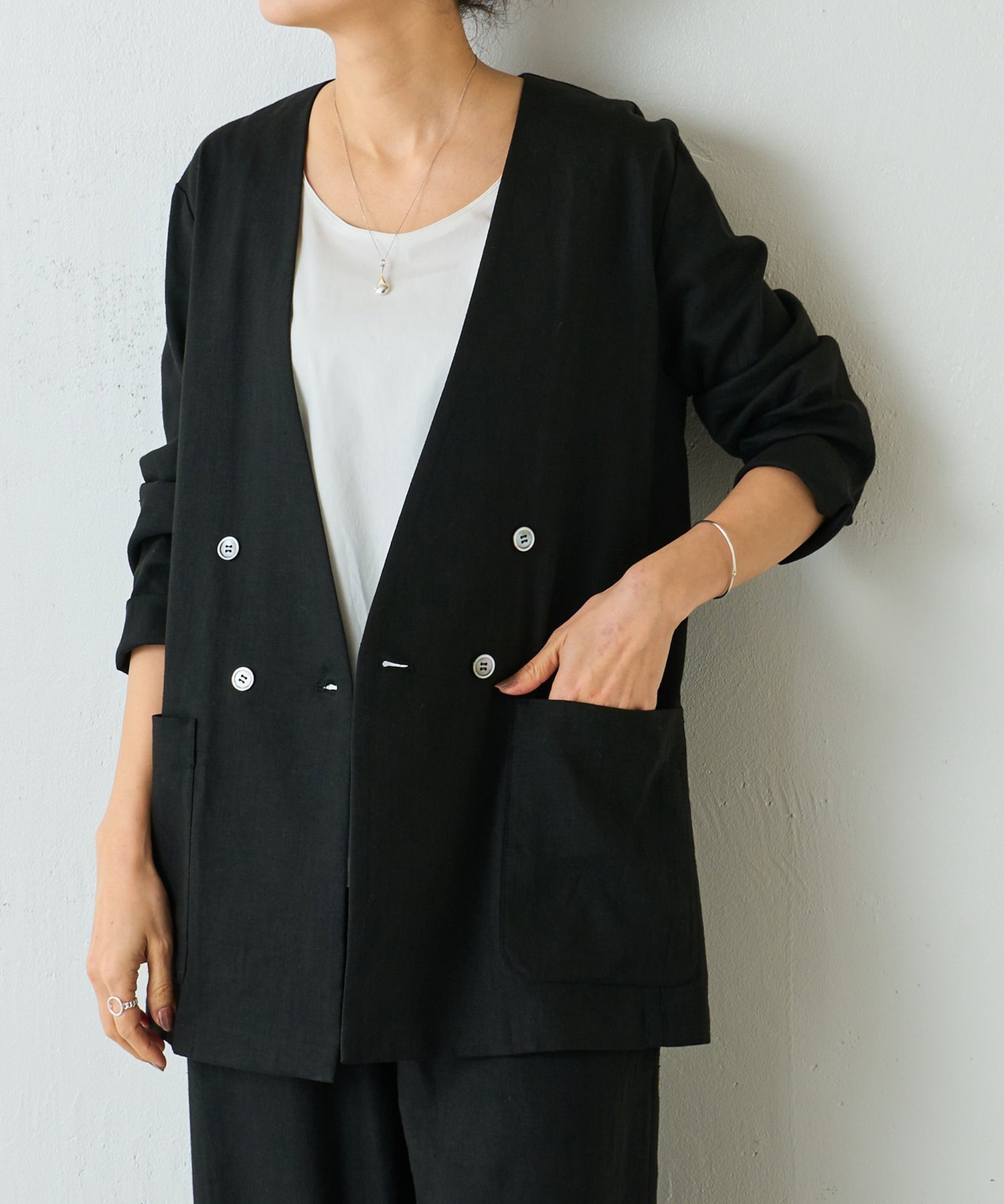 【その他のブランド/Other】のリネンジャケット インテリア・キッズ・メンズ・レディースファッション・服の通販 founy(ファニー) 　ファッション　Fashion　レディースファッション　Fashion for Women　アウター　Coat / Outerwear Collection　レディースジャケット・軽アウター　Jackets　おすすめ　Recommended / Our Picks　シンプル　Simple, Minimal　ジャケット　Jacket, Outerwear　ダブル　Double, Double-Breasted　パイピング　Piping, Trim Design　リネン　Linen, Linen Fabric　ブラック|ID: prp329100004470248 ipo3291000000032628506