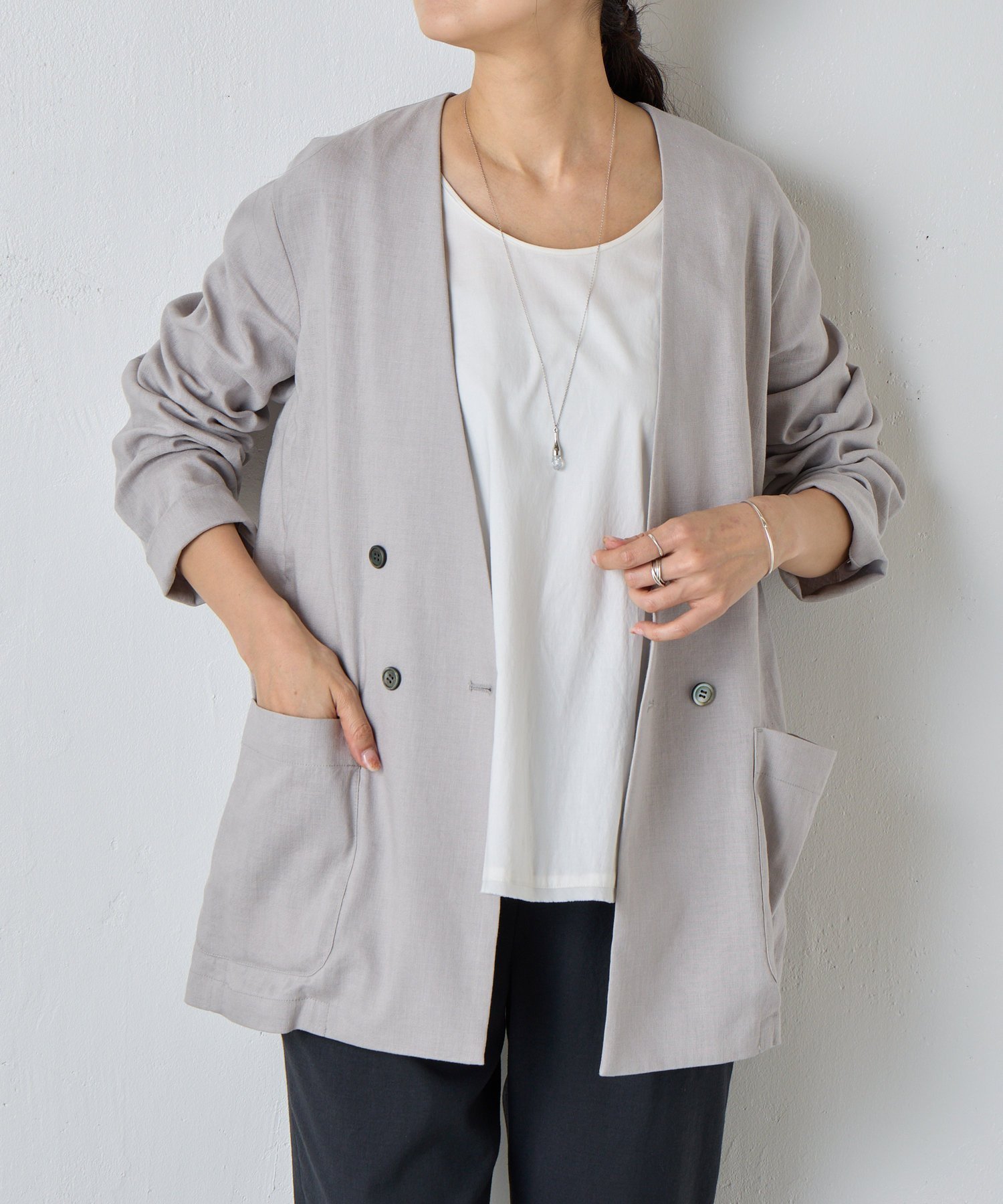 【その他のブランド/Other】のリネンジャケット インテリア・キッズ・メンズ・レディースファッション・服の通販 founy(ファニー) 　ファッション　Fashion　レディースファッション　Fashion for Women　アウター　Coat / Outerwear Collection　レディースジャケット・軽アウター　Jackets　おすすめ　Recommended / Our Picks　シンプル　Simple, Minimal　ジャケット　Jacket, Outerwear　ダブル　Double, Double-Breasted　パイピング　Piping, Trim Design　リネン　Linen, Linen Fabric　グレー|ID: prp329100004470248 ipo3291000000032628509