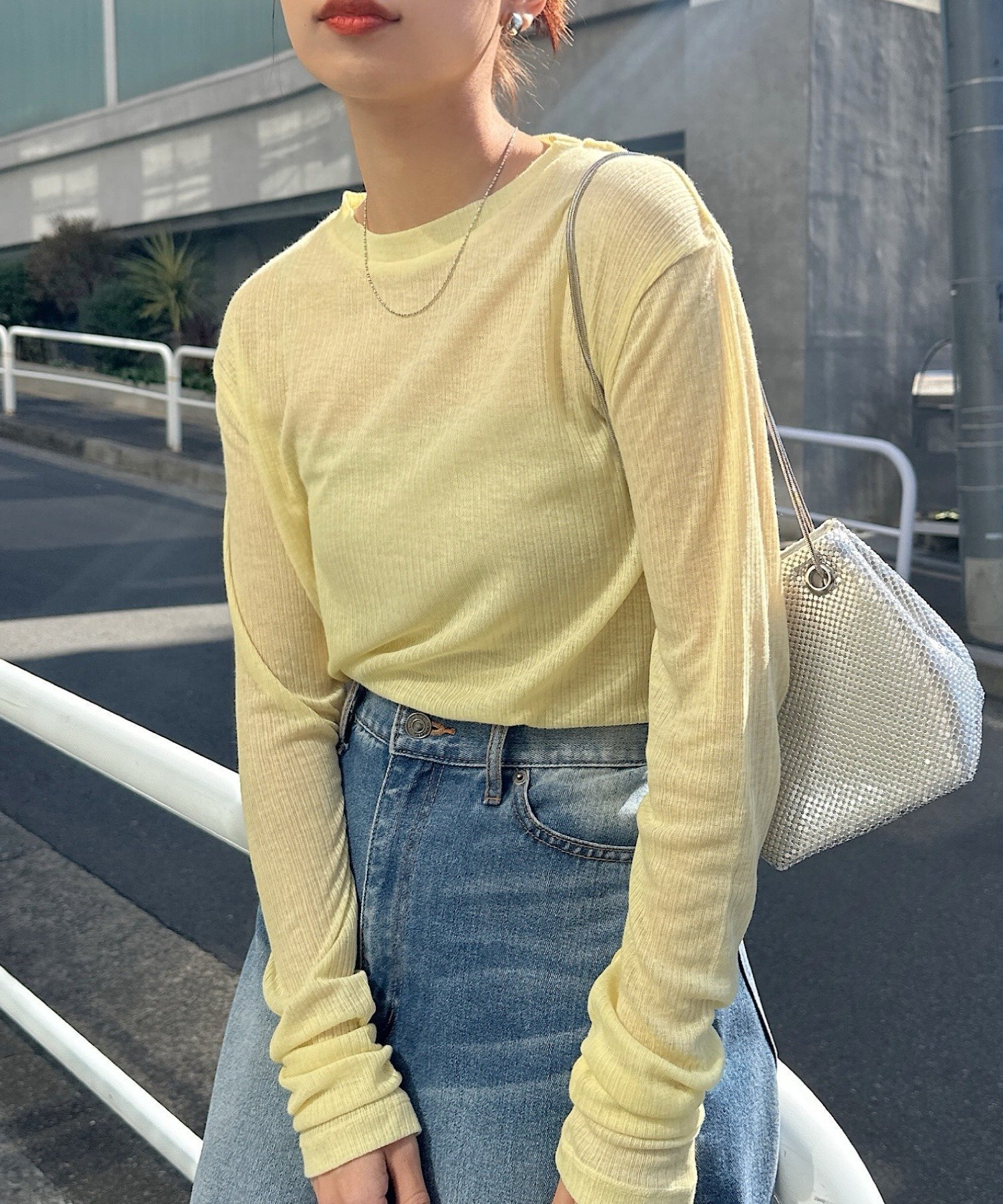 【アンドミー/andme】のテレコ シアー クルーネック 長袖 トップス インテリア・キッズ・メンズ・レディースファッション・服の通販 founy(ファニー) 　ファッション　Fashion　レディースファッション　Fashion for Women　トップス・カットソー　Cut & Sew Tops　サロペット　Overalls, Salopette　シアー　Sheer, See-Through　テレコ　Ribbed, Rib Stitch　トレンド　Trend, Trending Now　長袖　Long Sleeve, Full Sleeve　イエロー|ID: prp329100004470597 ipo3291000000033717466