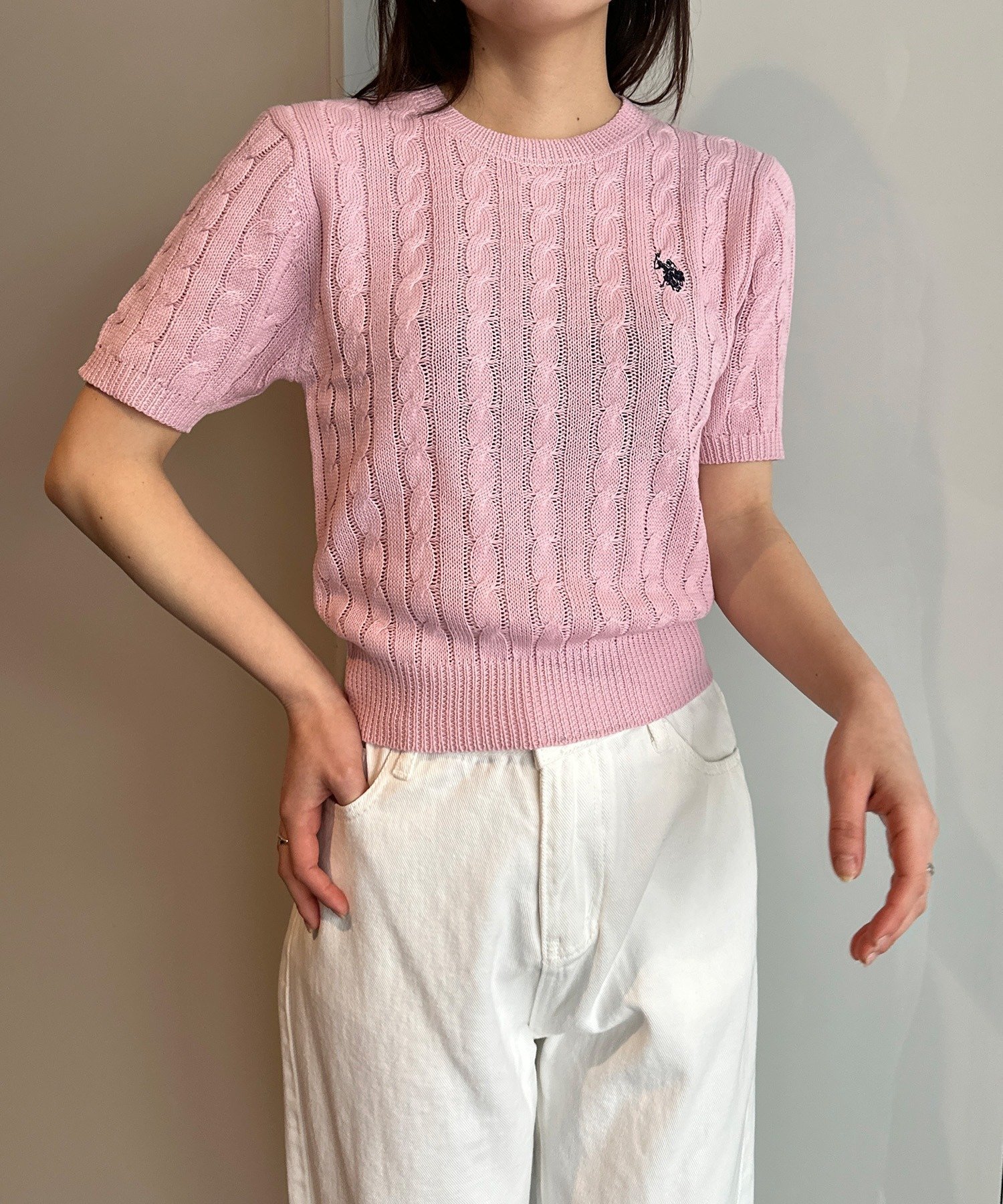 【ラナン/Ranan】のRANAN/ U.S.POLO ASSN. ワンポイント半袖ケーブルニット インテリア・キッズ・メンズ・レディースファッション・服の通販 founy(ファニー) 　ファッション　Fashion　レディースファッション　Ladies' Fashion Online　トップス・カットソー　Tops/Tshirt　ニット　Knit Tops　イタリア　Italy　春　Spring　秋　Autumn/Fall　腕時計　Watch　コレクション　Collection　コンパクト　Compact　シンプル　Simple　スタイリッシュ　Stylish　トレンド　Trend　半袖　Short Sleeve　メンズ　Mens　リアル　Real　ワンポイント　One Point　S/S・春夏　Ss・Spring/Summer　夏　Summer　ピンク|ID: prp329100004471312 ipo3291000000032608953