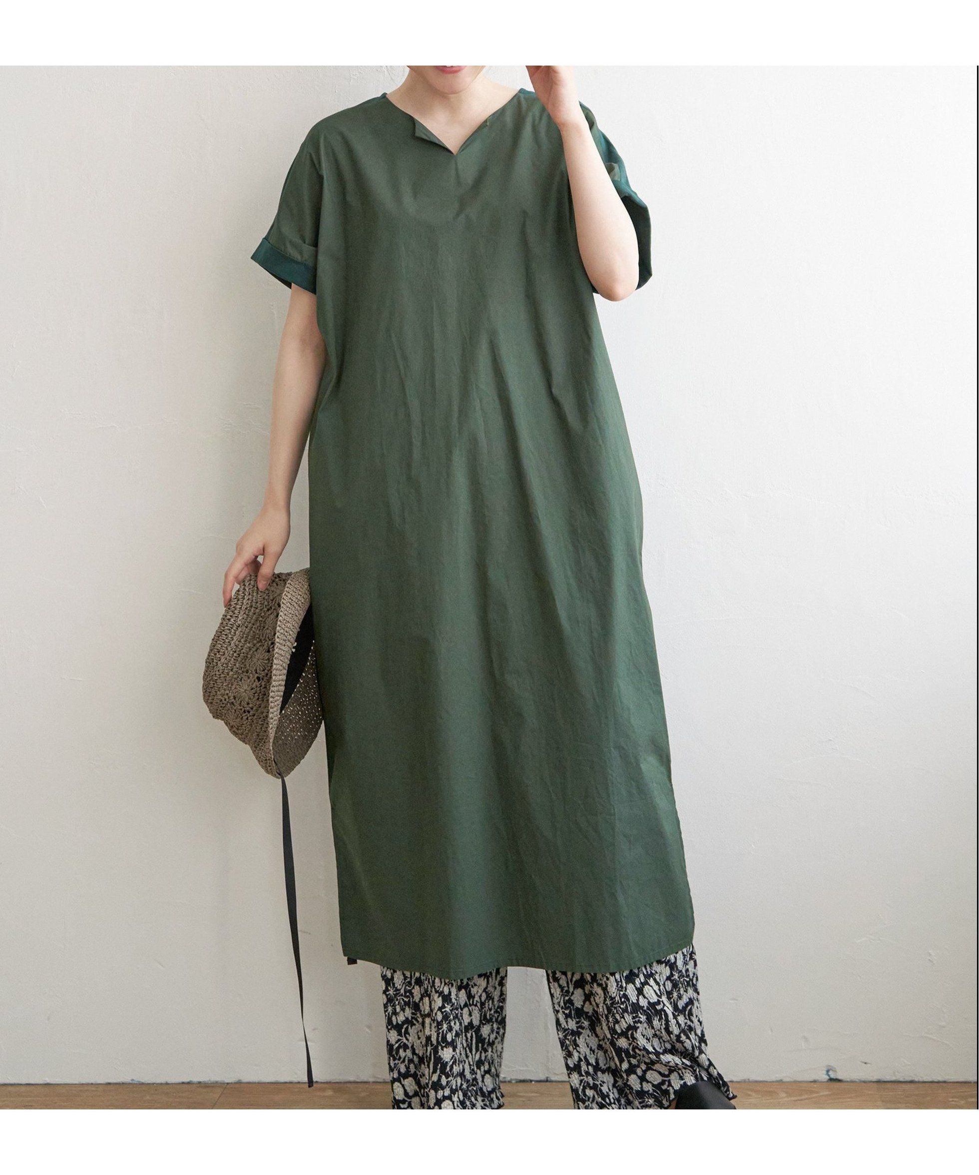 【エルビーシー/LBC】の布帛切り替えキーネックワンピース インテリア・キッズ・メンズ・レディースファッション・服の通販 founy(ファニー) 　ファッション　Fashion　レディースファッション　WOMEN　ワンピース　Dress　おすすめ　Recommend　カットソー　Cut And Sew　ストライプ　Stripe　デニム　Denim　Dkグリーン|ID: prp329100004473256 ipo3291000000031595131