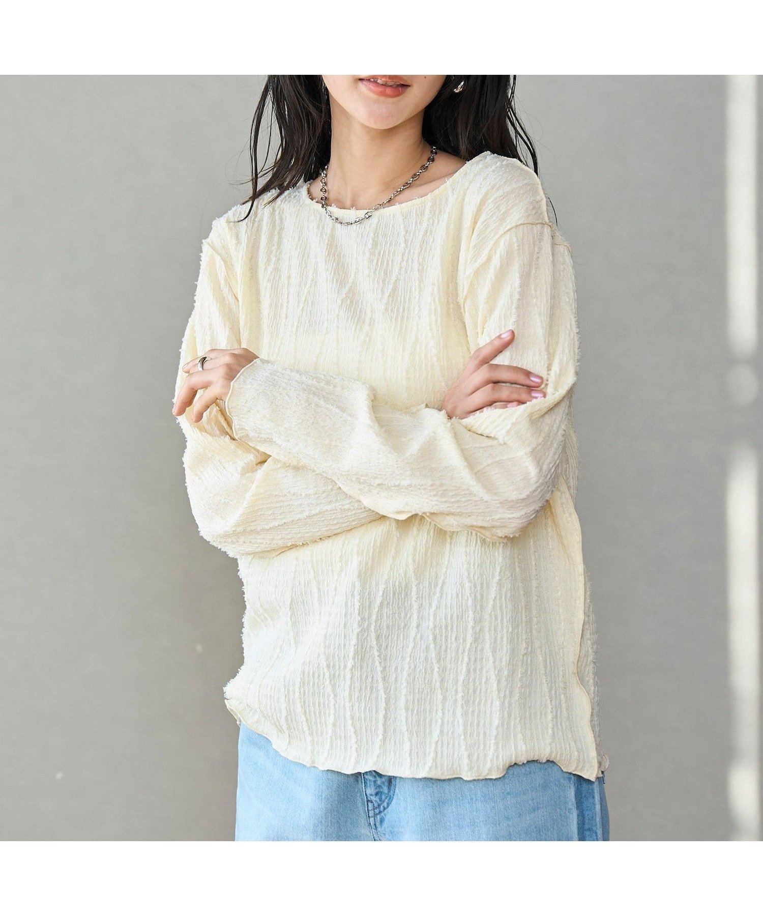 【コーエン/COEN】のウェーブデザイン カットジャガード クルーネックTシャツ インテリア・キッズ・メンズ・レディースファッション・服の通販 founy(ファニー) 　ファッション　Fashion　レディースファッション　WOMEN　トップス・カットソー　Tops/Tshirt　シャツ/ブラウス　Shirts/Blouses　ロング / Tシャツ　T-Shirts　インナー　Inner　カットジャガード　Cut Jacquard　キャミ　Cami　ジャカード　Jacquard　フリンジ　Fringe　CREAM|ID: prp329100004474705 ipo3291000000031997183