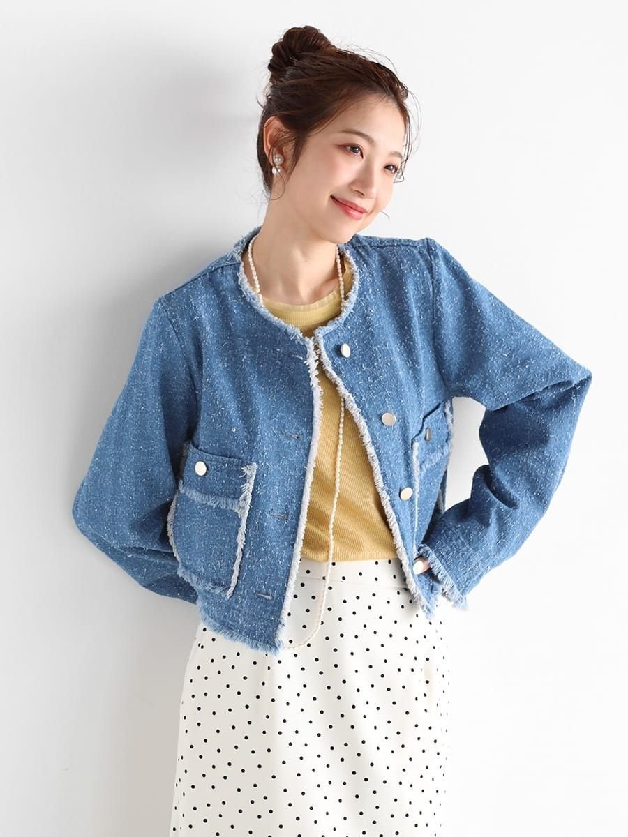 【ヴァン/Vin】のツイードフリンジノーカラーデニムジャケット インテリア・キッズ・メンズ・レディースファッション・服の通販 founy(ファニー) 　ファッション　Fashion　レディースファッション　WOMEN　アウター　Coat Outerwear　ジャケット　Jackets　デニムジャケット　Denim Jackets　インナー　Inner　ウォッシュ　Wash　コンパクト　Compact　ジャケット　Jacket　ツイード　Tweed　デニム　Denim　ランダム　Random　ライトブルー|ID: prp329100004474753 ipo3291000000031867617