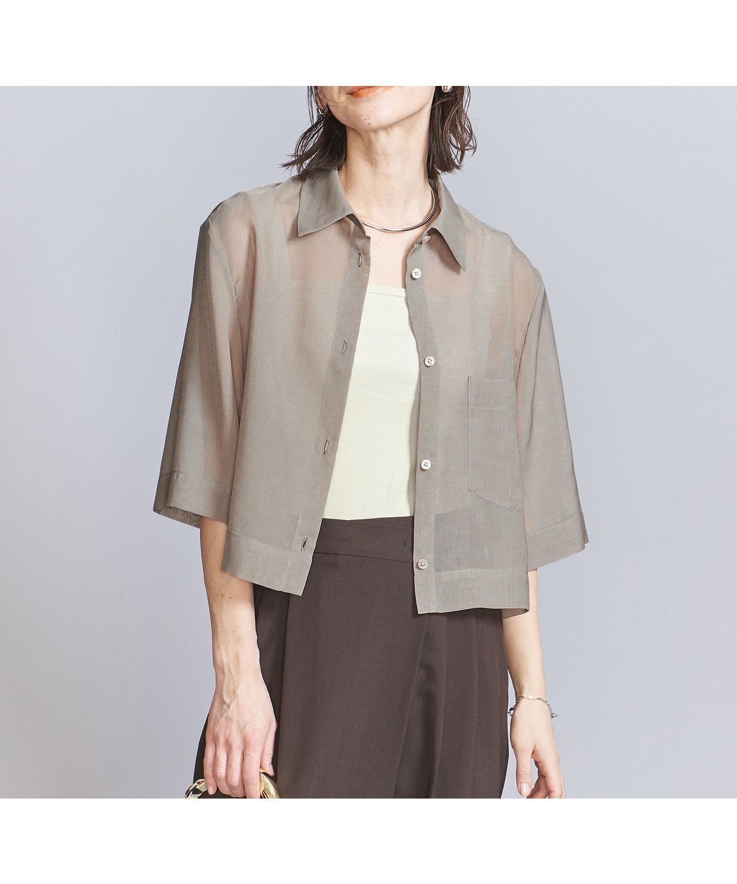 【ビューティ&ユース ユナイテッドアローズ/BEAUTY&YOUTH / UNITED ARROWS】のポリエステル オーガンジー シャツ -ウォッシャブル- インテリア・キッズ・メンズ・レディースファッション・服の通販 founy(ファニー) 　ファッション　Fashion　レディースファッション　Ladies' Fashion Online　トップス・カットソー　Tops/Tshirt　シャツ/ブラウス　Shirts/Blouses　ウォッシャブル　Washable　オーガンジー　Organdy　キャミソール　Camisole　シアー　Sheer　ショート　Short　シンプル　Simple　スラックス　Slacks　スリーブ　Sleeve　タンク　Tank　バランス　Balance　プリント　Print　ボックス　Box　ボトム　Bottom　羽織　Haori　おすすめ　Recommend　BEIGE|ID: prp329100004476635 ipo3291000000032319019
