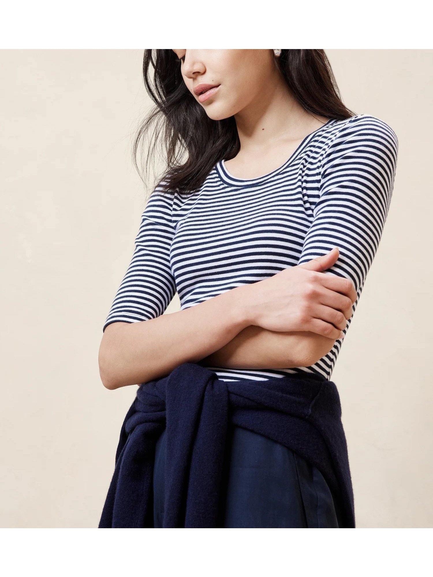 【バナナリパブリック ファクトリーストア/BANANA REPUBLIC FACTORY STORE】のBANANA REPUBLIC FACTORY STORE リブTシャツ インテリア・キッズ・メンズ・レディースファッション・服の通販 founy(ファニー) 　ファッション　Fashion　レディースファッション　WOMEN　トップス・カットソー　Tops/Tshirt　シャツ/ブラウス　Shirts/Blouses　ロング / Tシャツ　T-Shirts　インナー　Inner　ジャケット　Jacket　デコルテ　Decolletage　ベーシック　Basic　NAVY_STRIPE|ID: prp329100004477001 ipo3291000000031957493