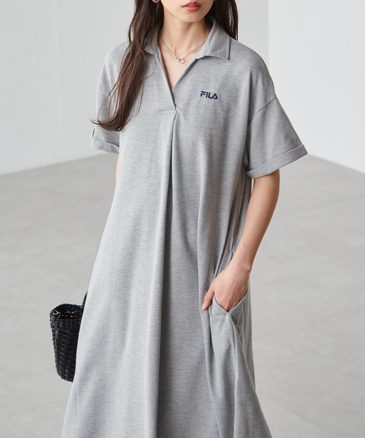 【ラナン/Ranan】のFILA ゆったりフレアーポロワンピース インテリア・キッズ・メンズ・レディースファッション・服の通販 founy(ファニー) 　ファッション　Fashion　レディースファッション　WOMEN　ワンピース　Dress　シンプル　Simple　ポケット　Pocket　ポロシャツ　Polo Shirt　夏　Summer　鹿の子　Pique　グレー|ID: prp329100004478064 ipo3291000000032300469