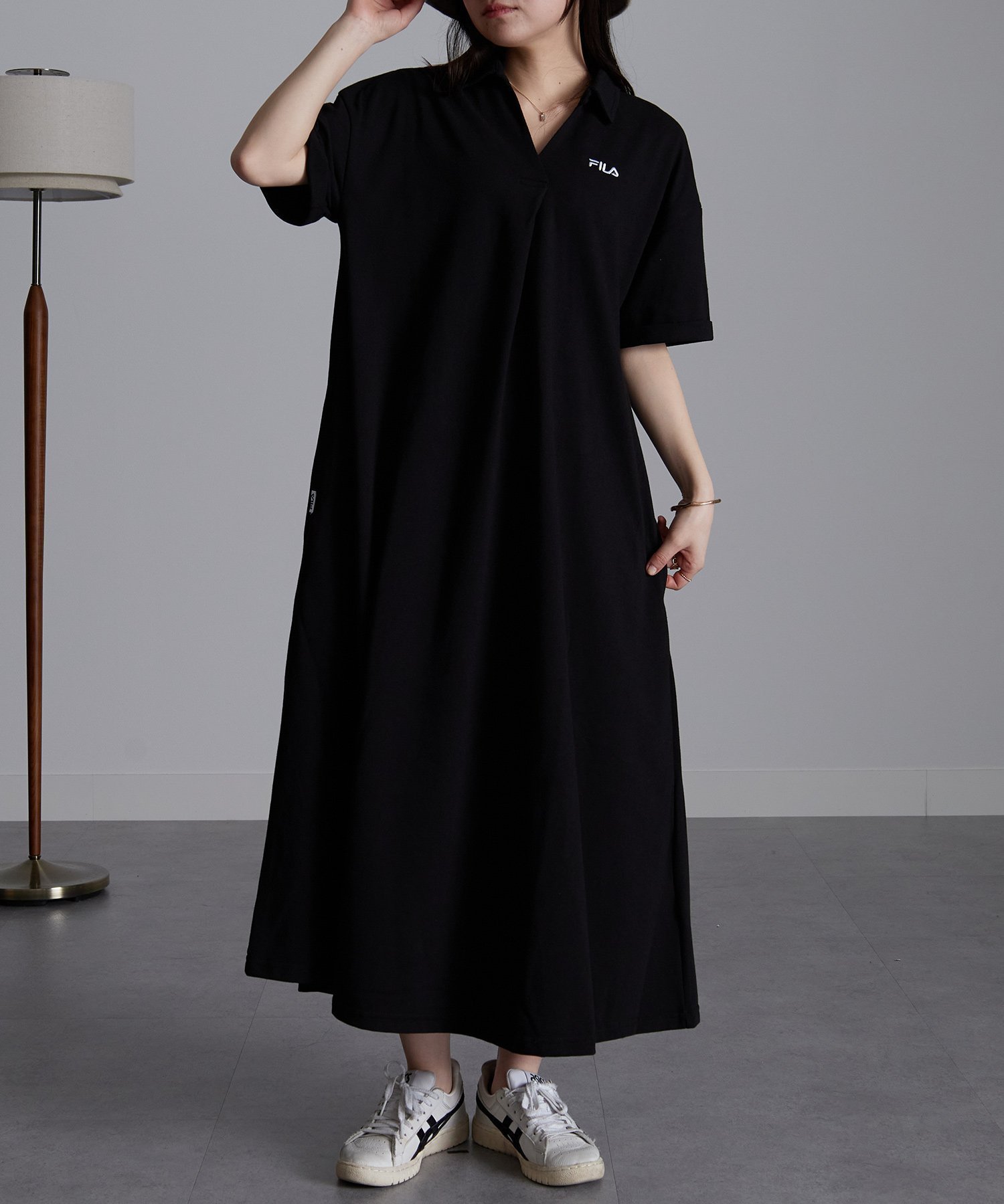 【ラナン/Ranan】のFILA ゆったりフレアーポロワンピース インテリア・キッズ・メンズ・レディースファッション・服の通販 founy(ファニー) 　ファッション　Fashion　レディースファッション　Fashion for Women　ワンピース　Dresses　シンプル　Simple, Minimal　ポケット　Pocket, Pocket Detail　ポロシャツ　Polo Shirt, Collared Tee　夏　Summer　鹿の子　Piqué, Kanoko Fabric　ブラック|ID: prp329100004478064 ipo3291000000033502992
