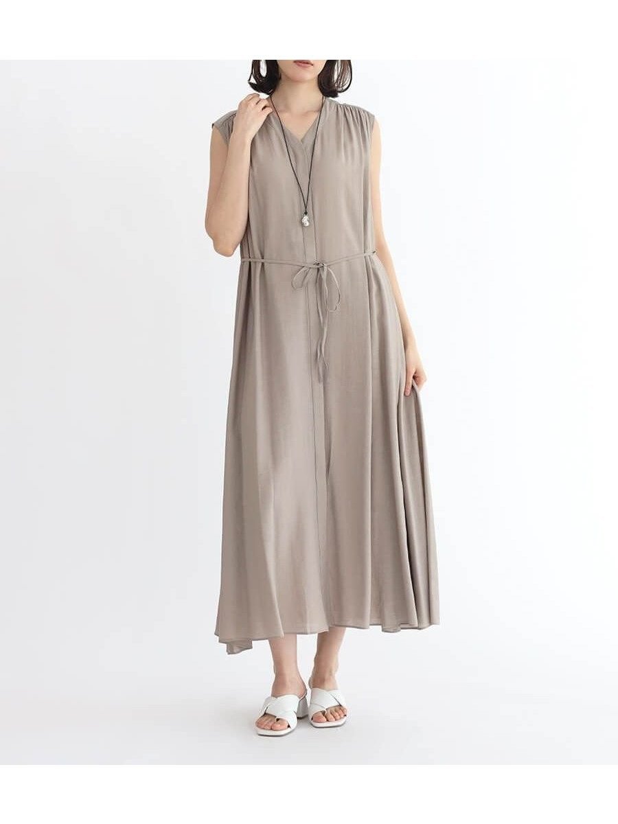 【ラシュッド/LASUD】のレーヨン混ウェーブタックワンピース インテリア・キッズ・メンズ・レディースファッション・服の通販 founy(ファニー) 　ファッション　Fashion　レディースファッション　WOMEN　ワンピース　Dress　とろみ　Thickness　ギャザー　Gather　ドレープ　Drape　ノースリーブ　No Sleeve　バランス　Balance　ペチコート　Petticoat　エレガント 上品　Elegant　グレージュ|ID: prp329100004481144 ipo3291000000031904671