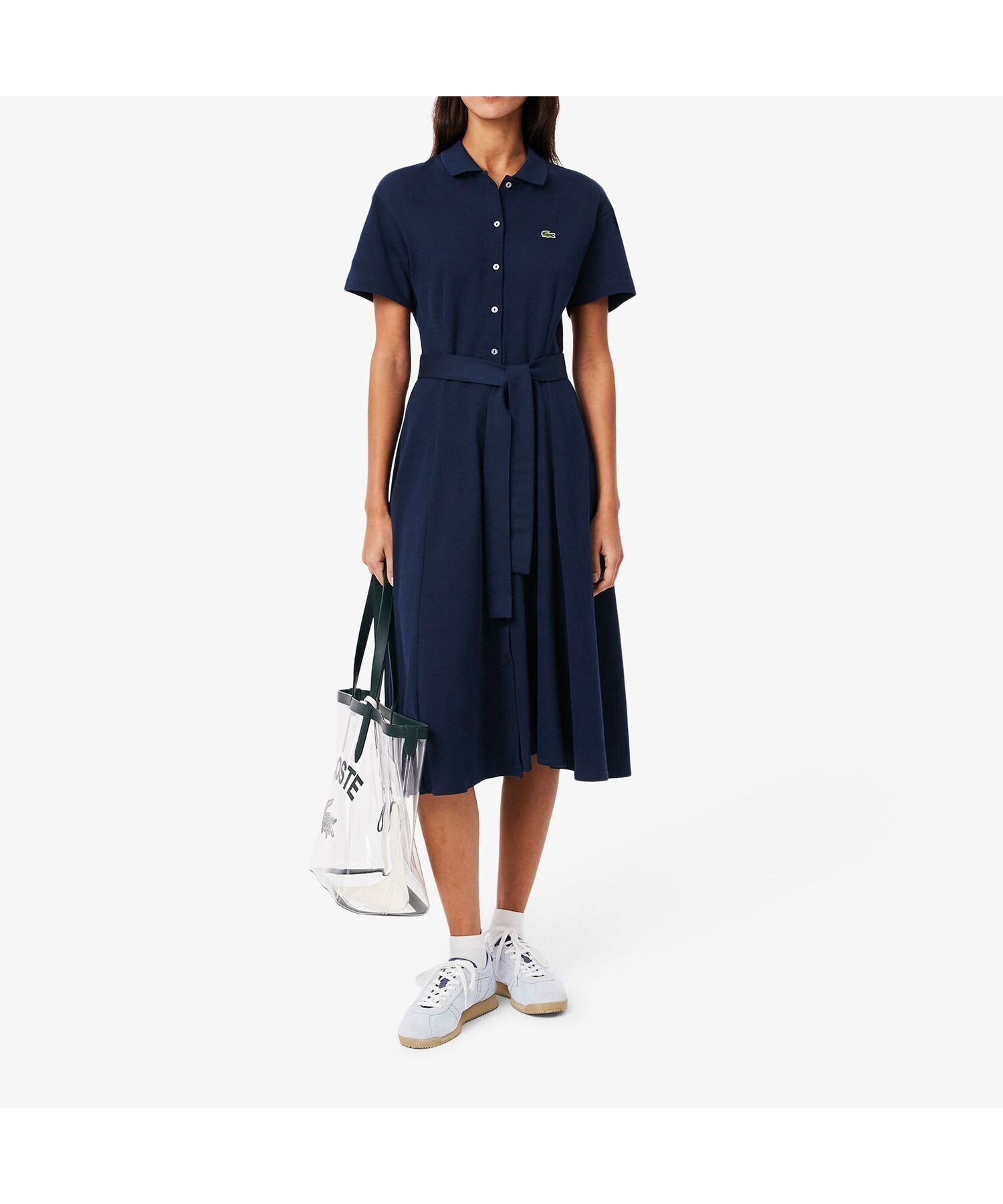 【ラコステ/LACOSTE】の鹿の子地シャツドレス ドレープフレアワンピース インテリア・キッズ・メンズ・レディースファッション・服の通販 founy(ファニー) 　ファッション　Fashion　レディースファッション　WOMEN　ワンピース　Dress　ドレス　Party Dresses　エレガント 上品　Elegant　ドレス　Dress　ドレープ　Drape　ポロシャツ　Polo Shirt　羽織　Haori　鹿の子　Pique　ネイビー|ID: prp329100004481871 ipo3291000000031595923